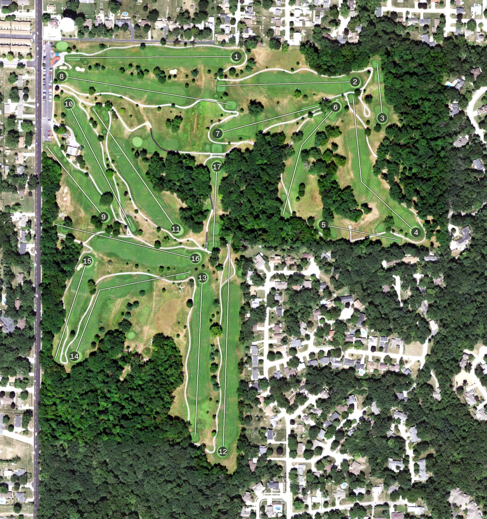 Aerial view of Saukie Golf Course, IL, with its hole routing marked