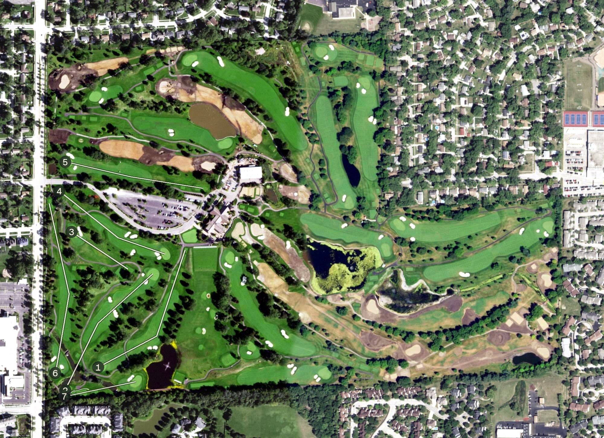 Aerial view of Schaumburg Golf Club, IL, with its hole routing marked
