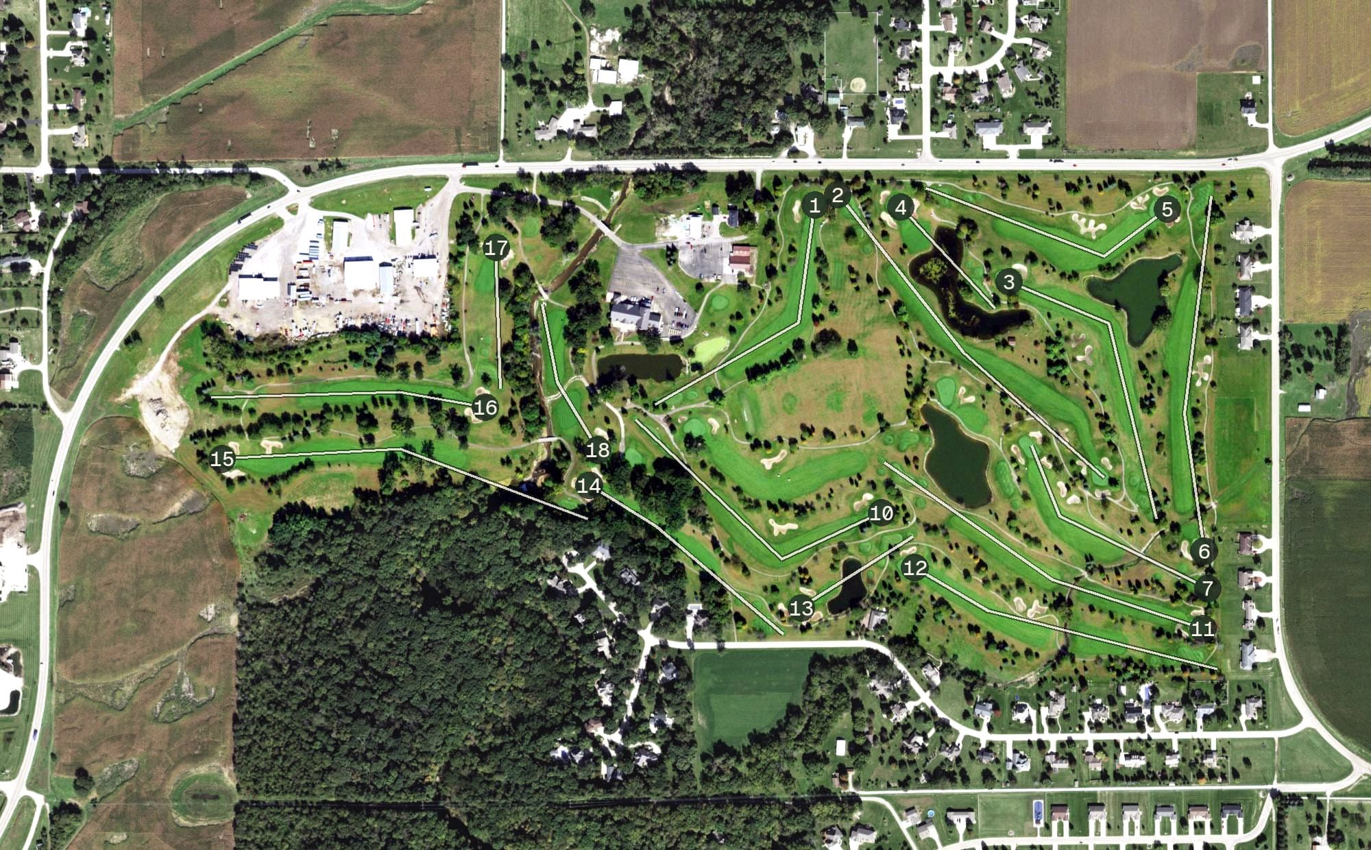 Aerial view of Senica's Oak Ridge Golf Club, IL, with its hole routing marked