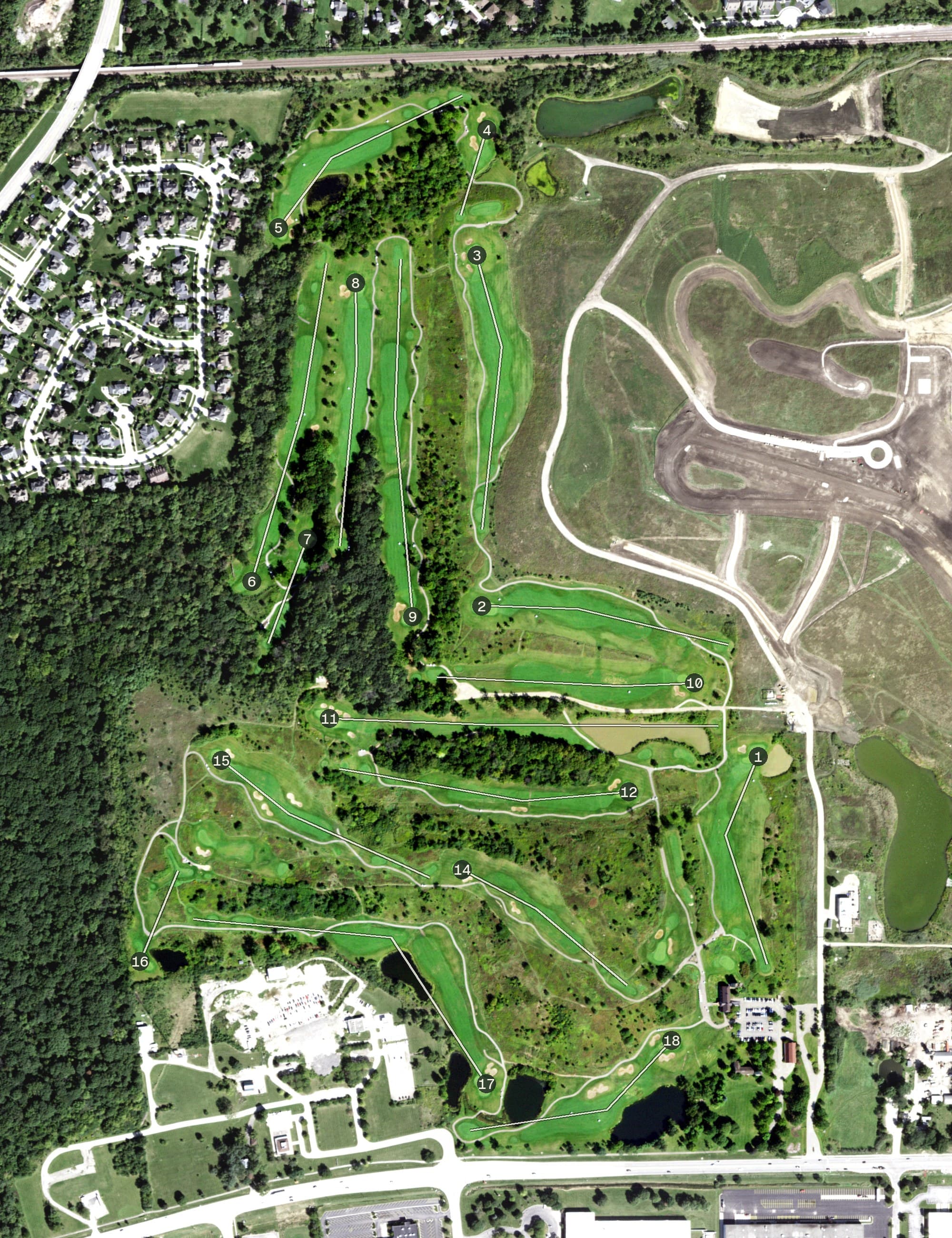 Aerial view of Settler's Hill Golf Course, IL, with its hole routing marked