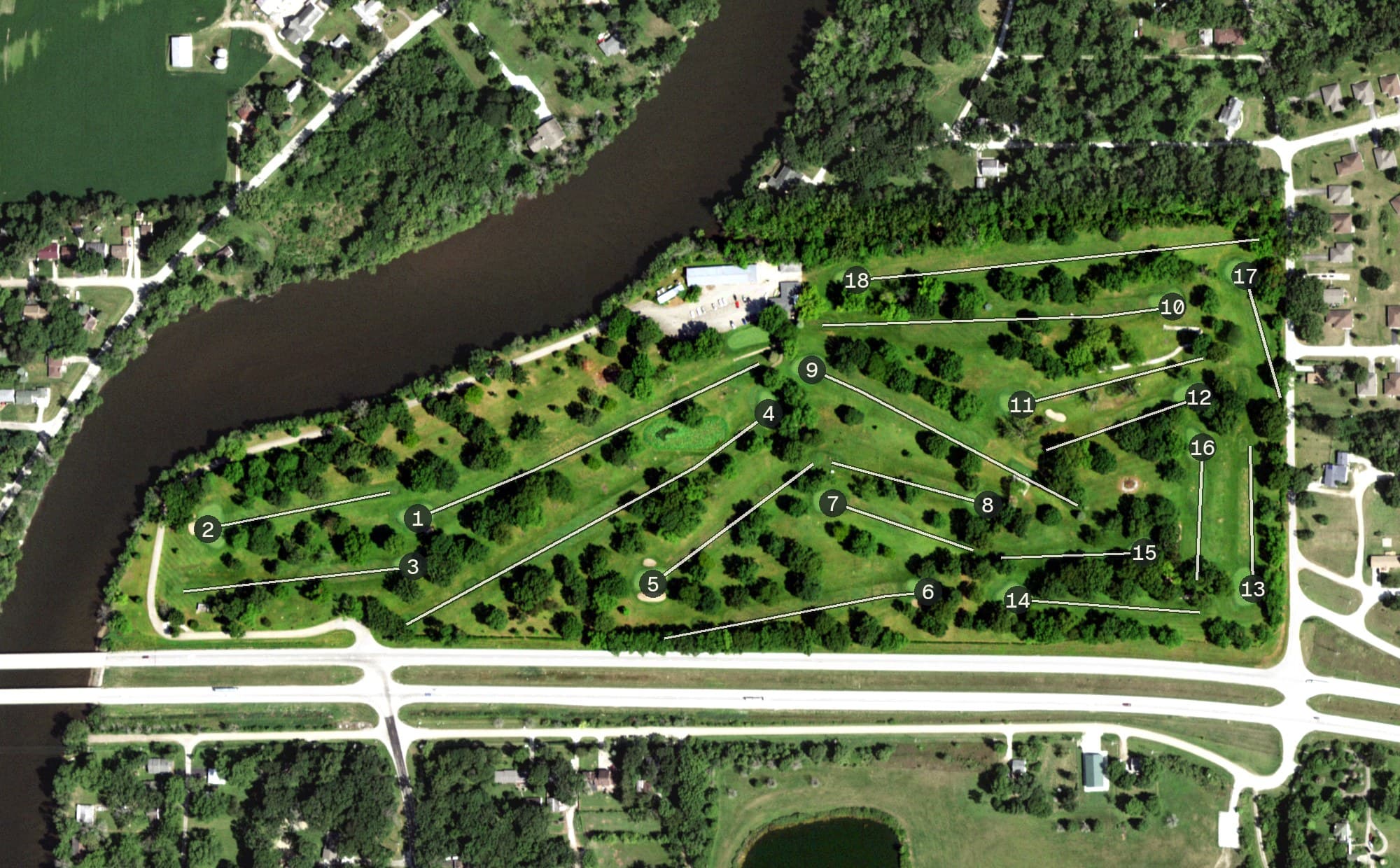 Aerial view of Shamrock Golf Course, IL, with its hole routing marked