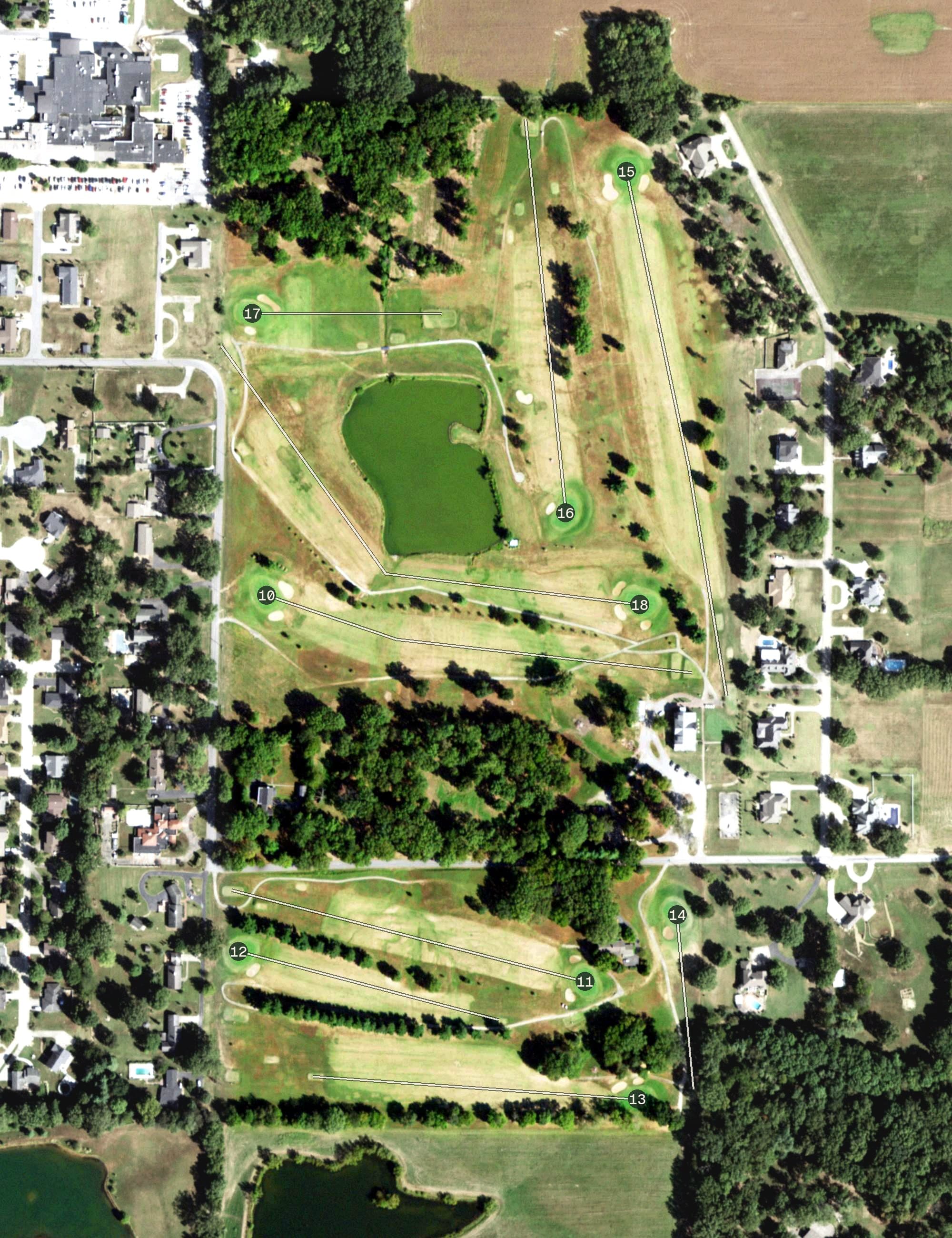 Aerial view of Shawnee Hills Country Club, IL, with its hole routing marked