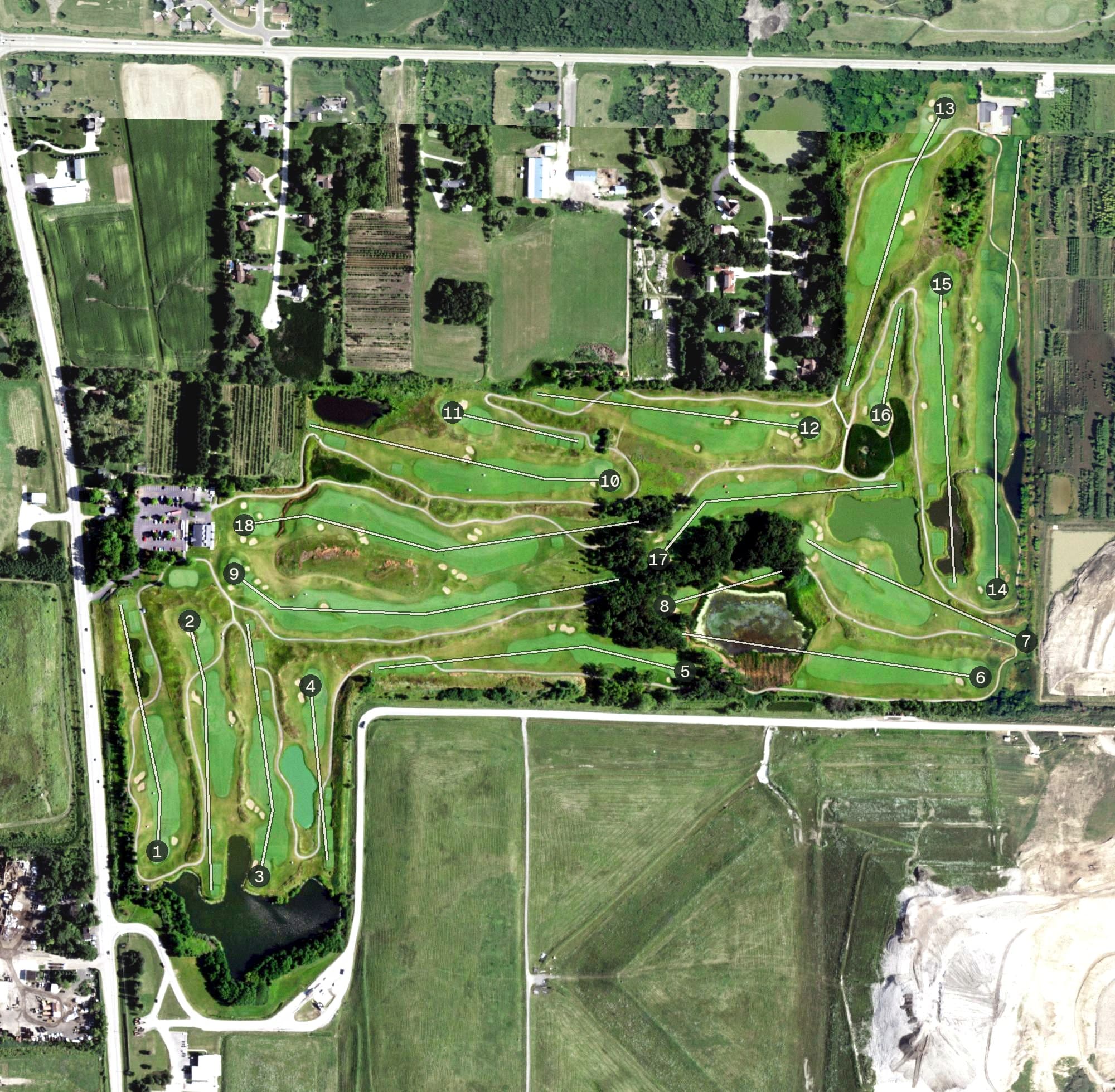 Aerial view of Shepherd's Crook Golf Course, IL, with its hole routing marked