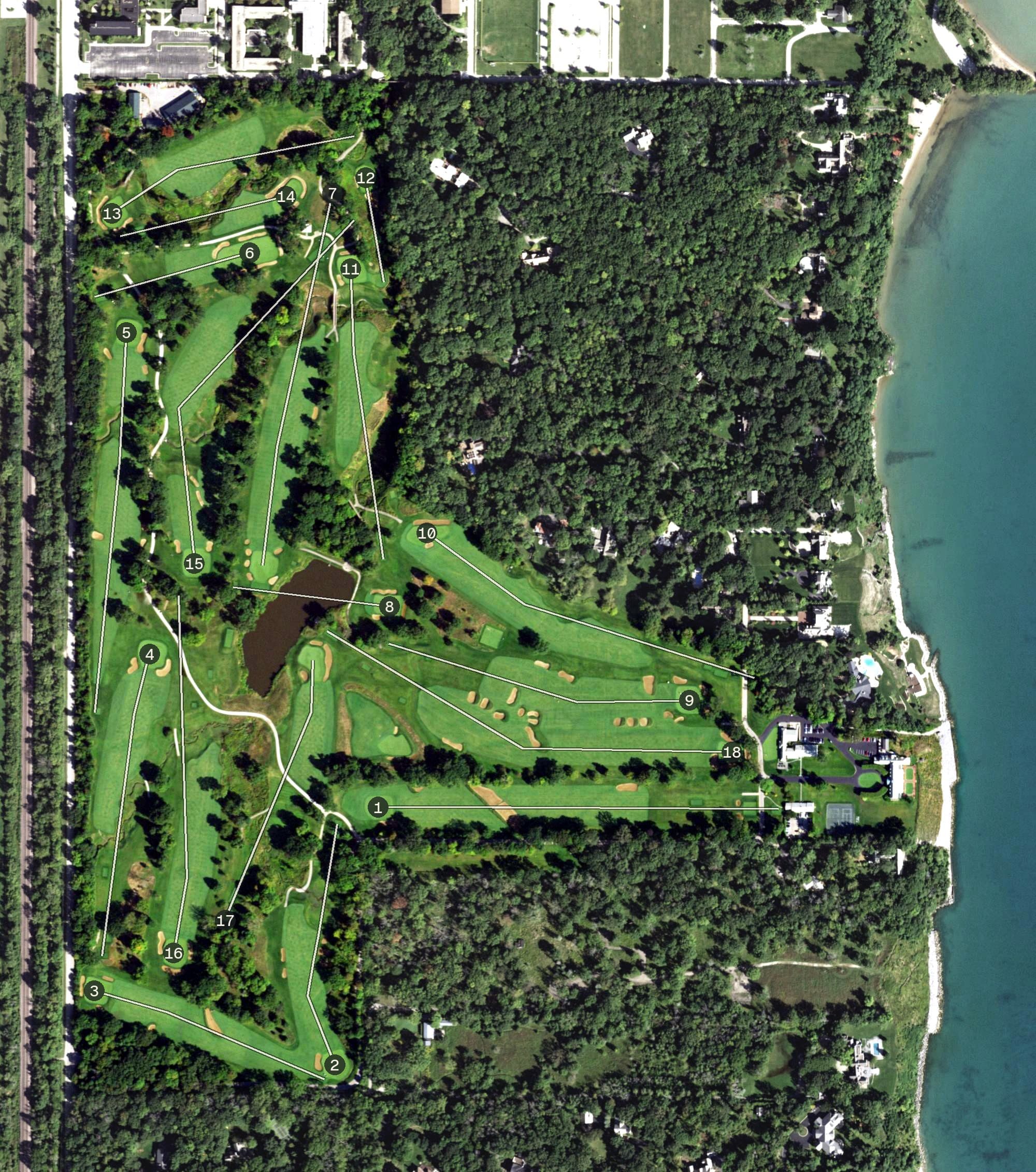 Aerial view of Shoreacres, IL, with its hole routing marked