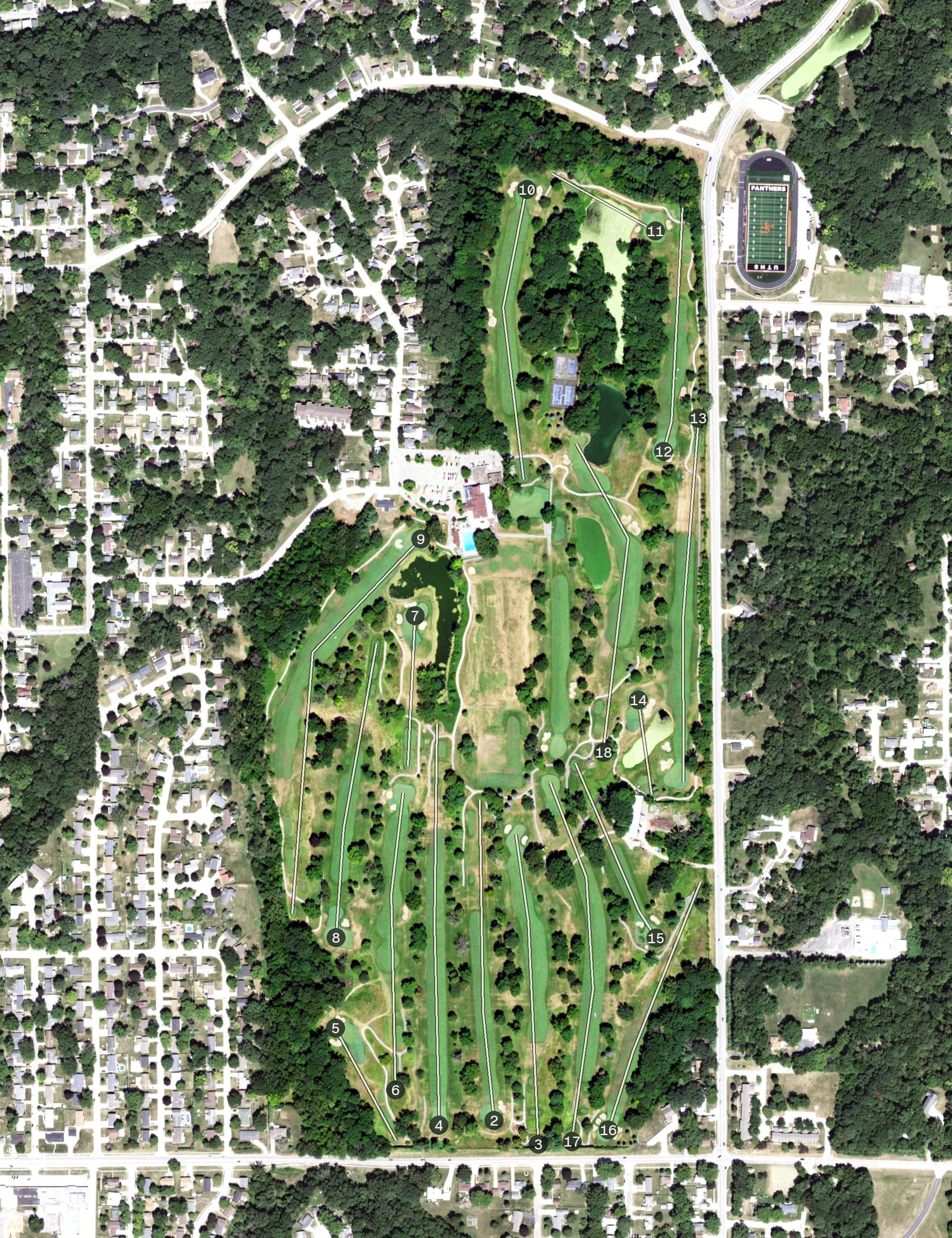 Aerial view of Short Hills Country Club, IL, with its hole routing marked