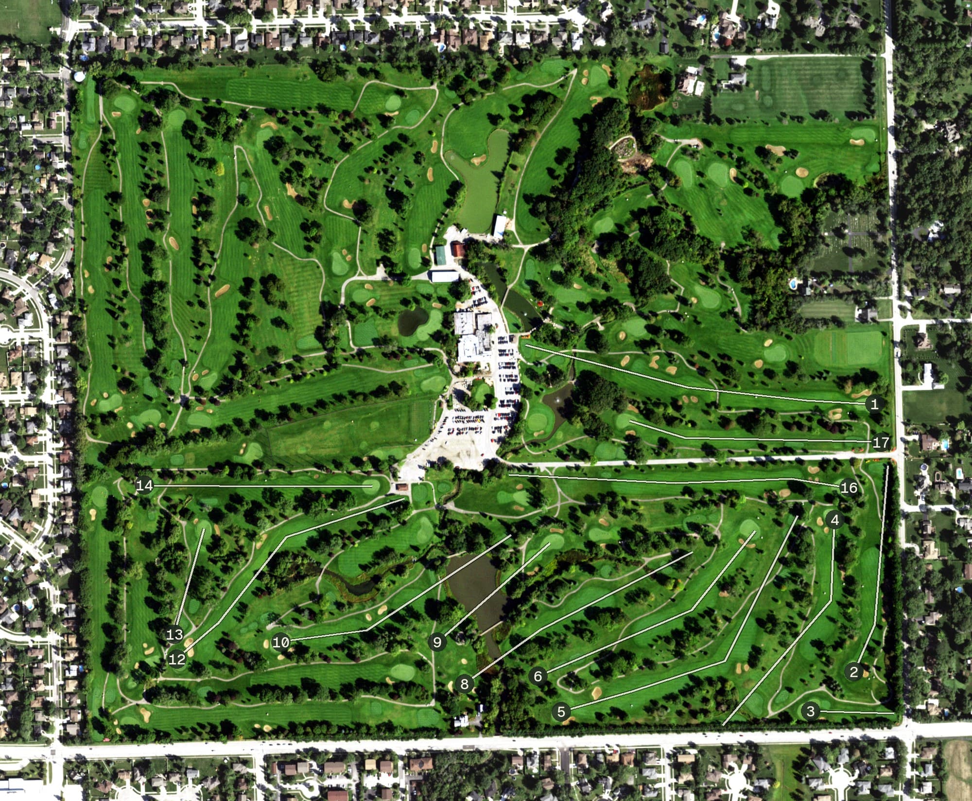 Aerial view of Silver Lake Country Club, IL, with its hole routing marked