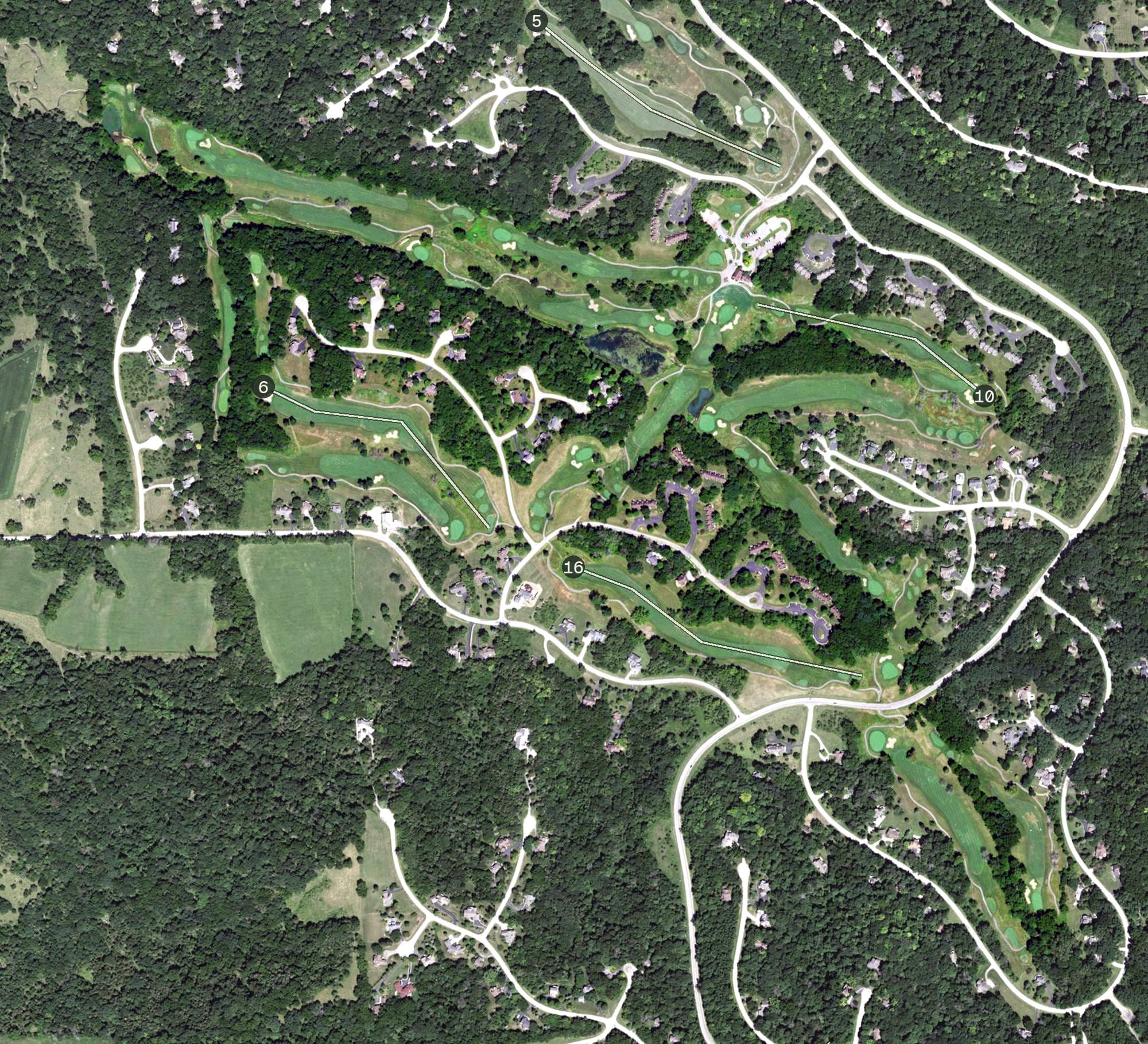 Aerial view of South Course, IL, with its hole routing marked