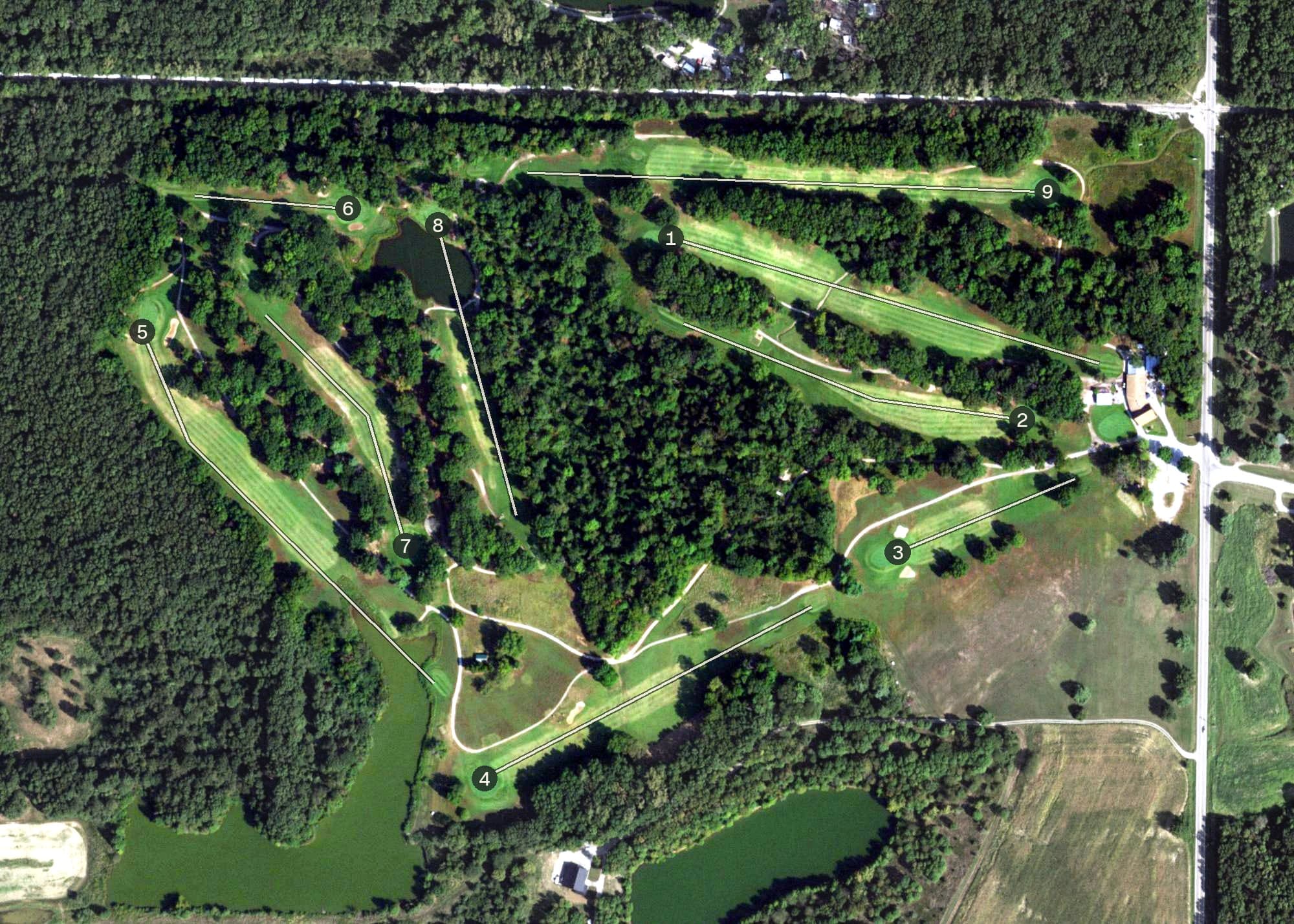 Aerial view of Southwestern Lakes Golf Course, IL, with its hole routing marked