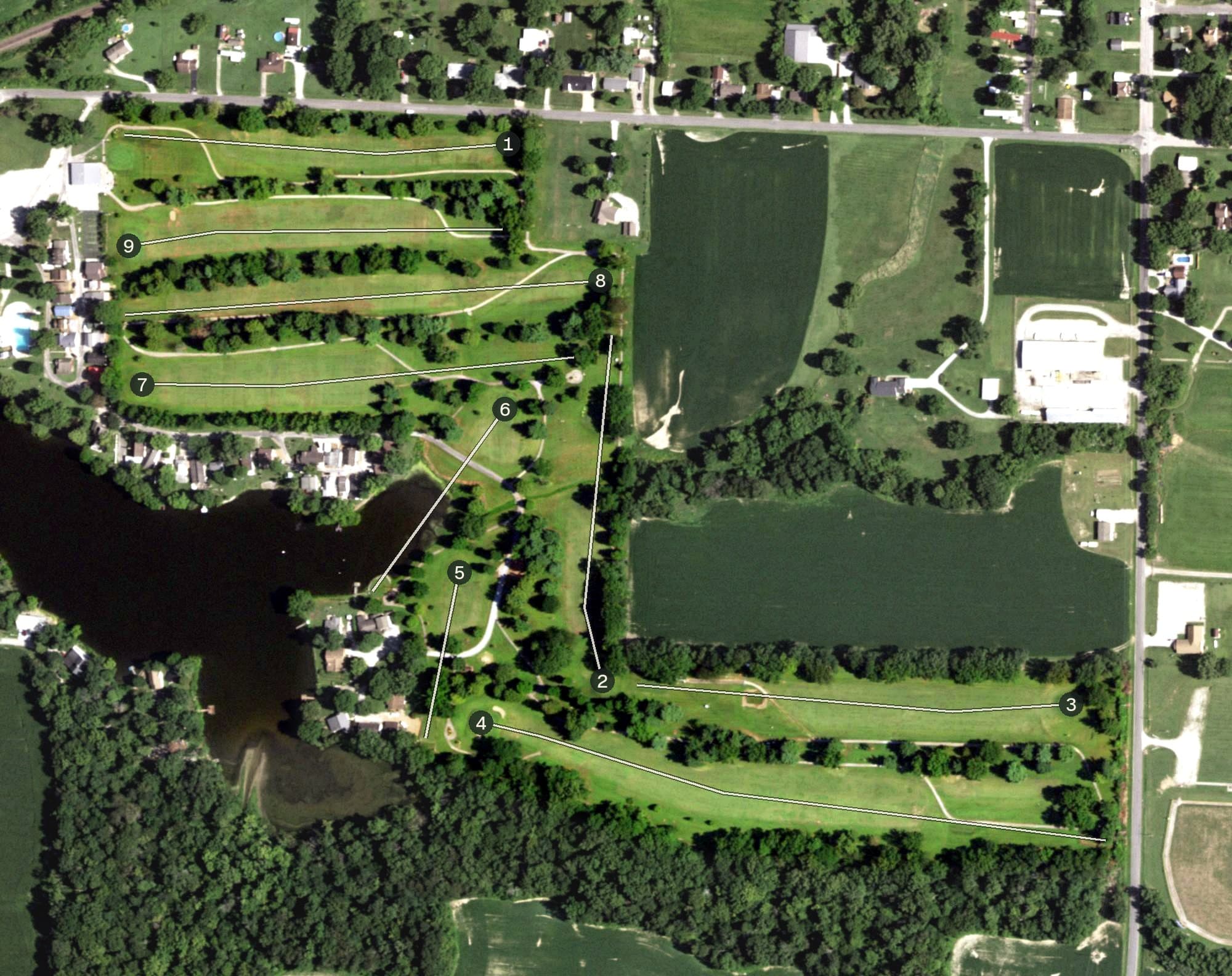 Aerial view of Sparta Country Club, IL, with its hole routing marked