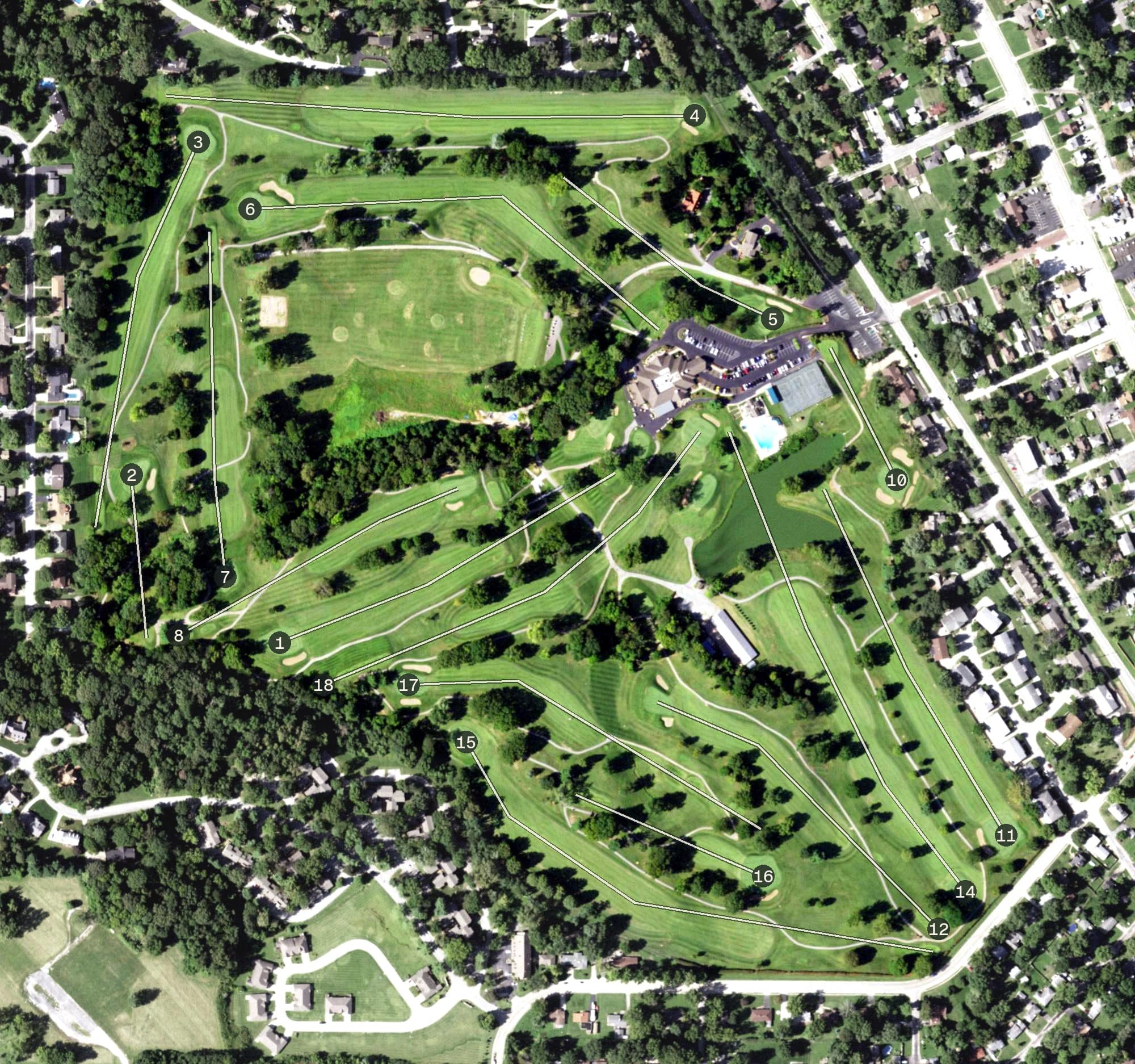 Aerial view of St. Clair Country Club, IL, with its hole routing marked