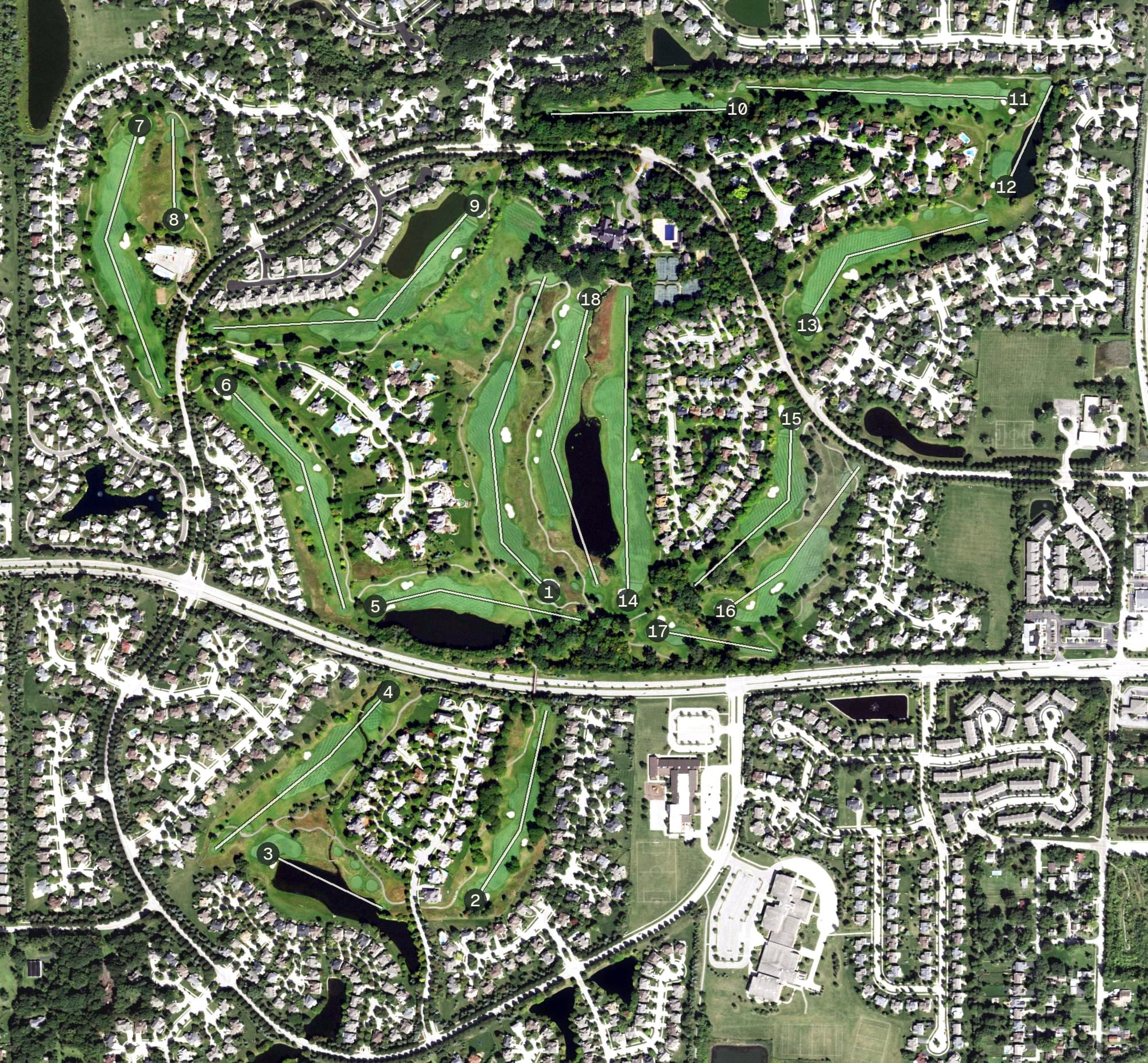 Aerial view of Stonebridge Country Club, IL, with its hole routing marked