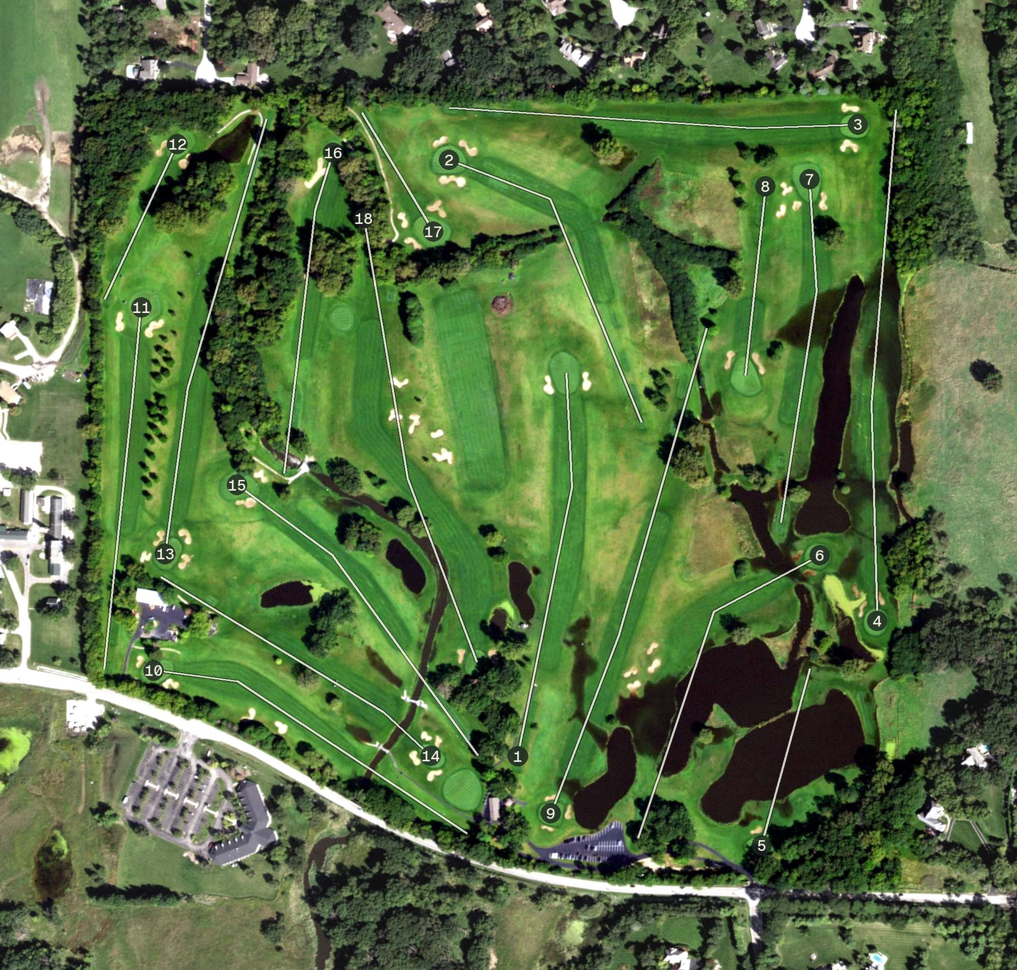Aerial view of Stonehenge Golf Course, IL, with its hole routing marked