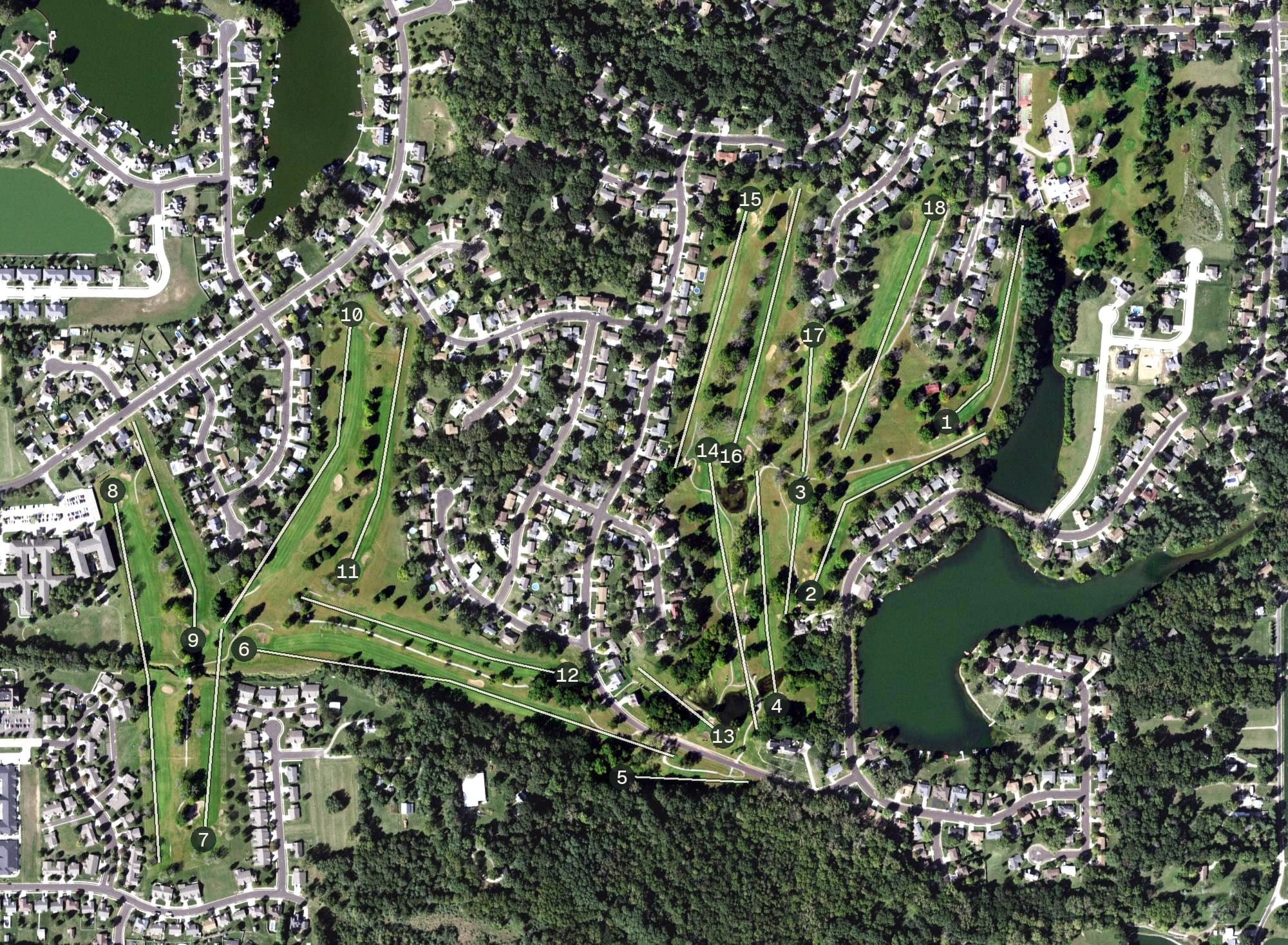 Aerial view of Sunset Hills Golf Club, IL, with its hole routing marked