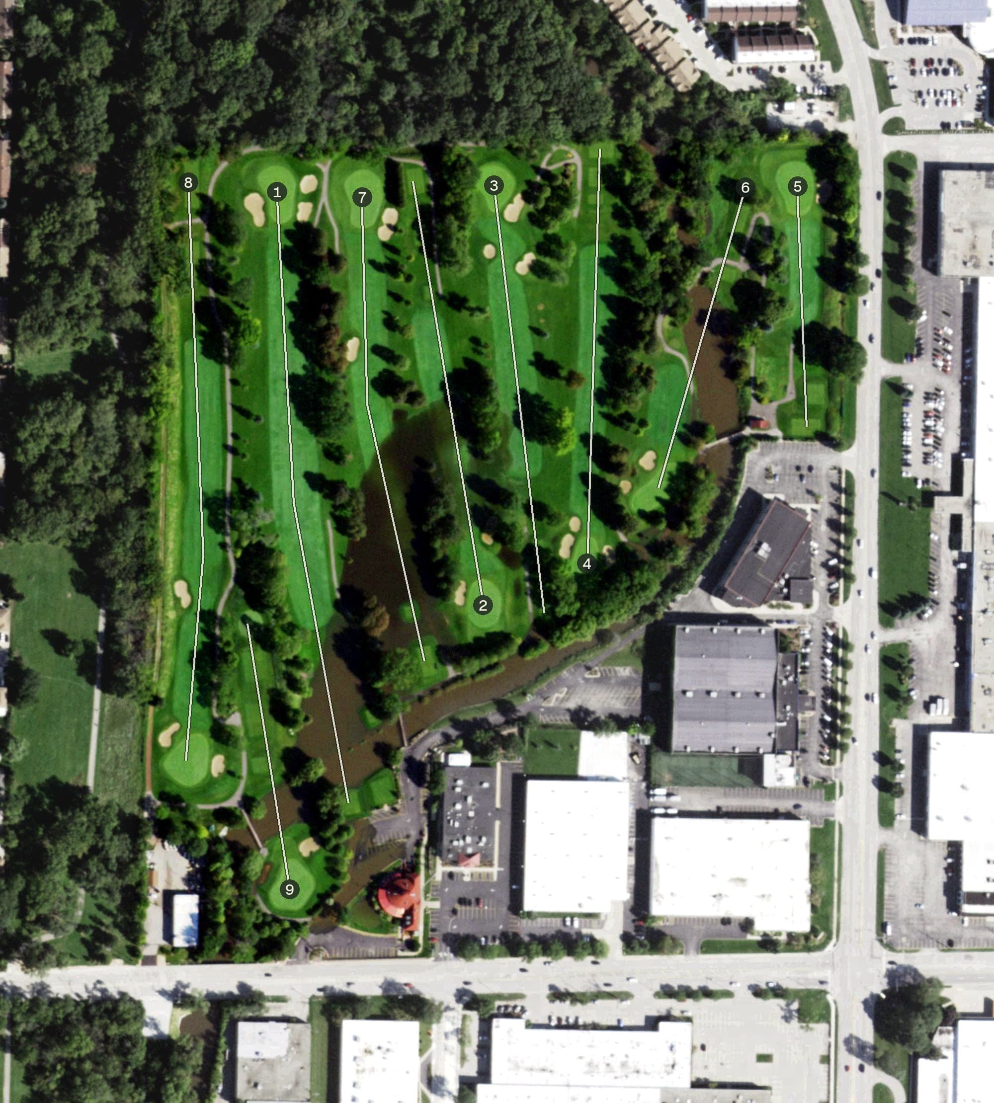 Aerial view of Tam O'Shanter Golf Course, IL, with its hole routing marked