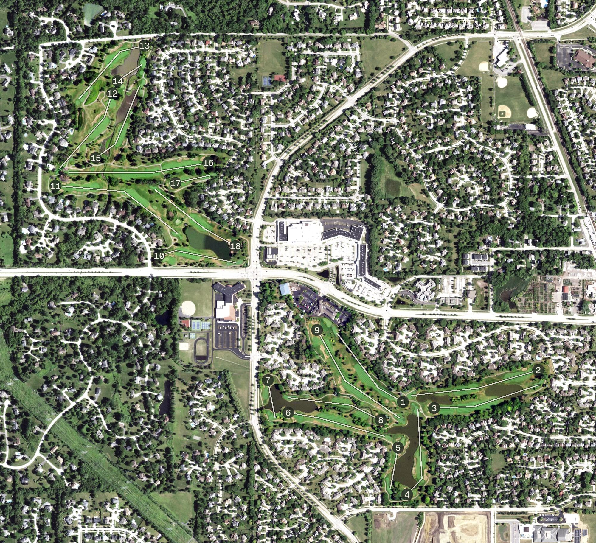 Aerial view of The Arboretum Club, IL, with its hole routing marked