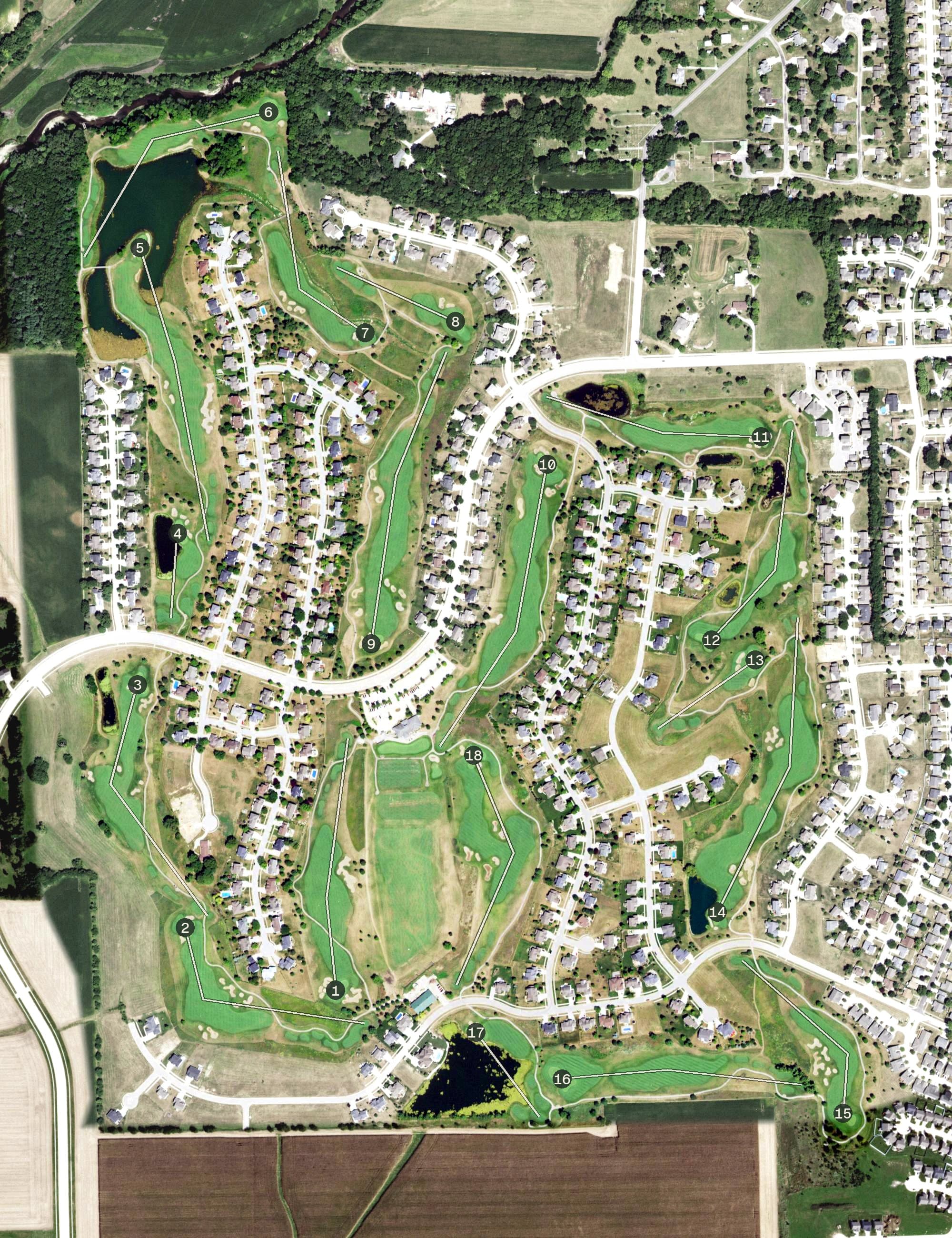 Aerial view of The Den at Fox Creek, IL, with its hole routing marked