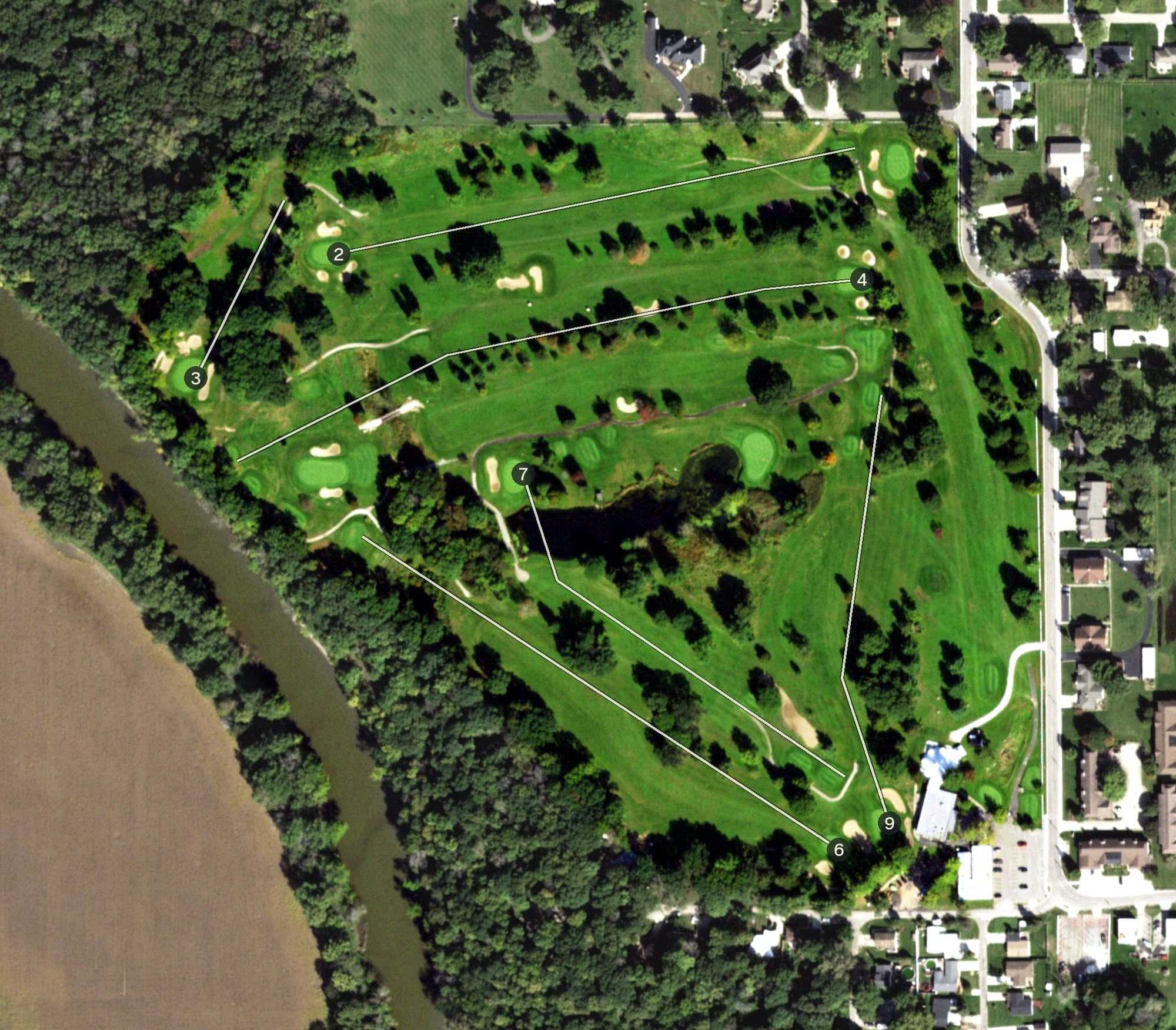 Aerial view of The Eastwood Golf Course & Restaurant, IL, with its hole routing marked