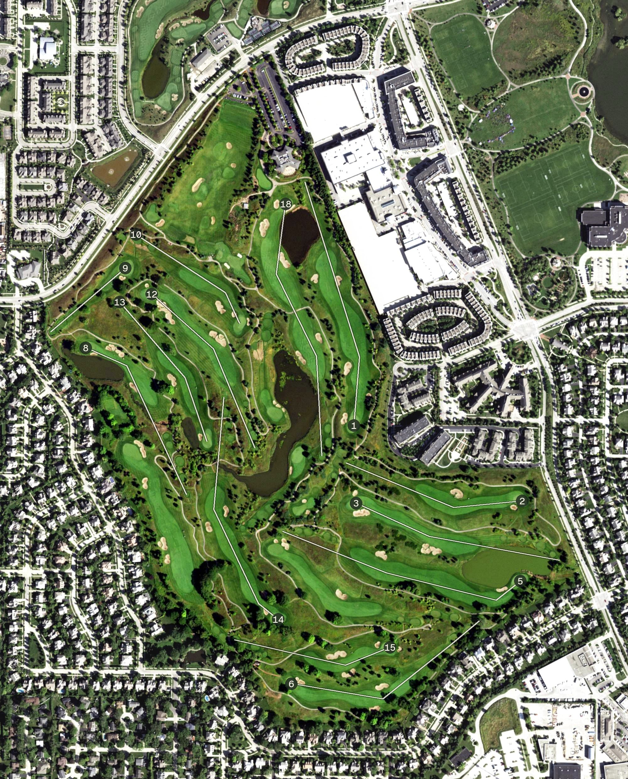 Aerial view of The Glen Club, IL, with its hole routing marked