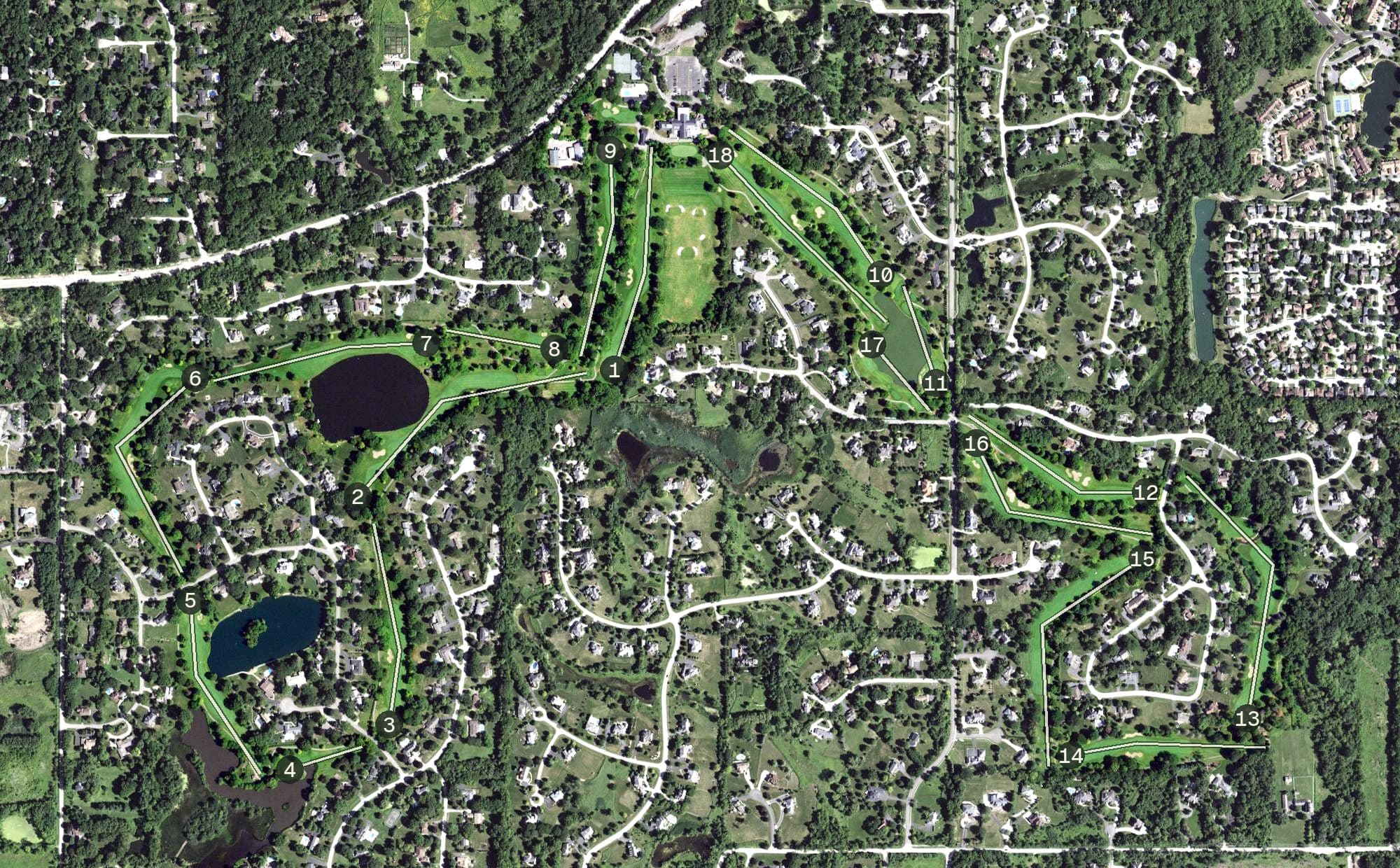 Aerial view of The Grove Country Club, IL, with its hole routing marked