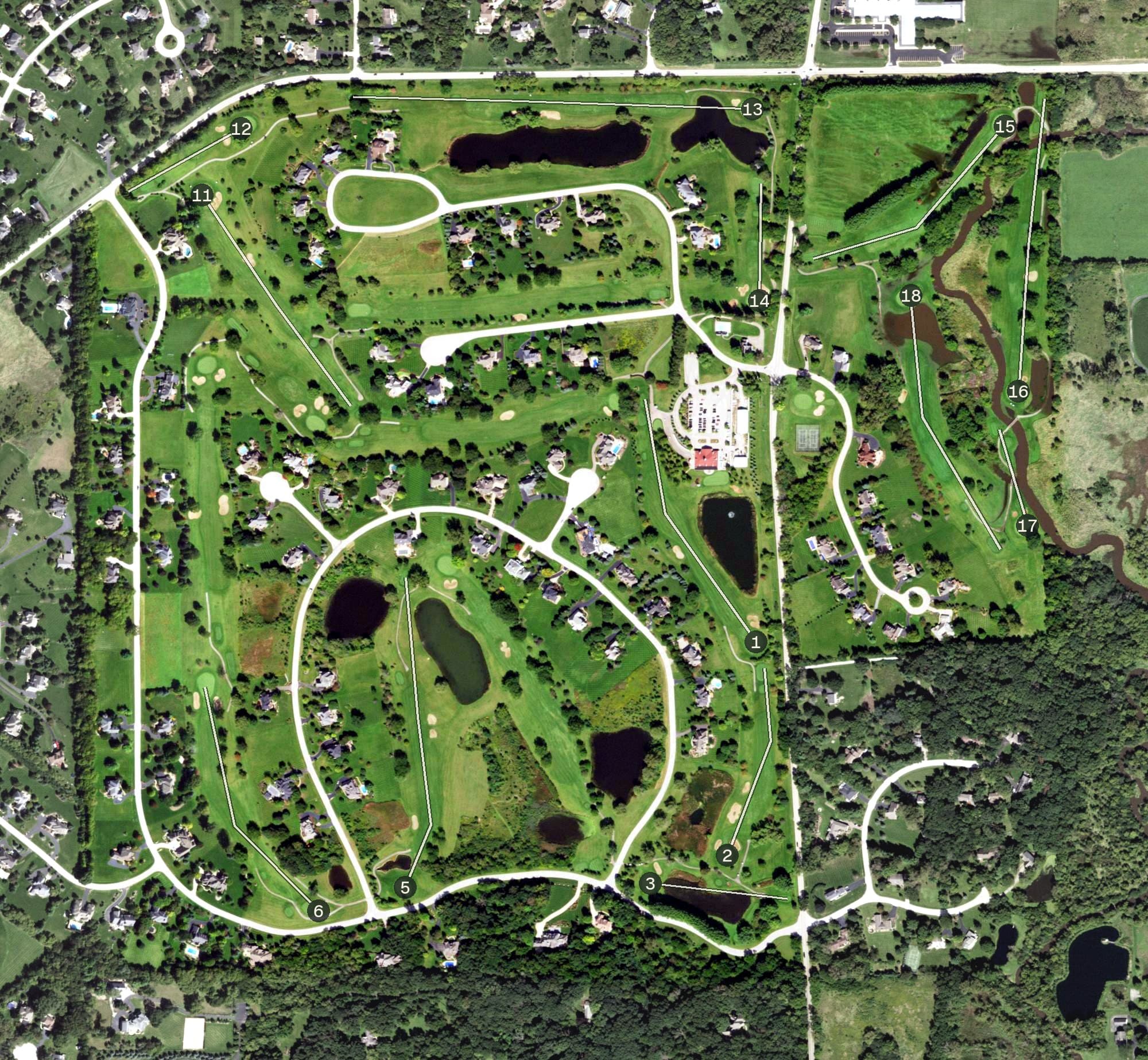 Aerial view of The Hawk Country Club, IL, with its hole routing marked