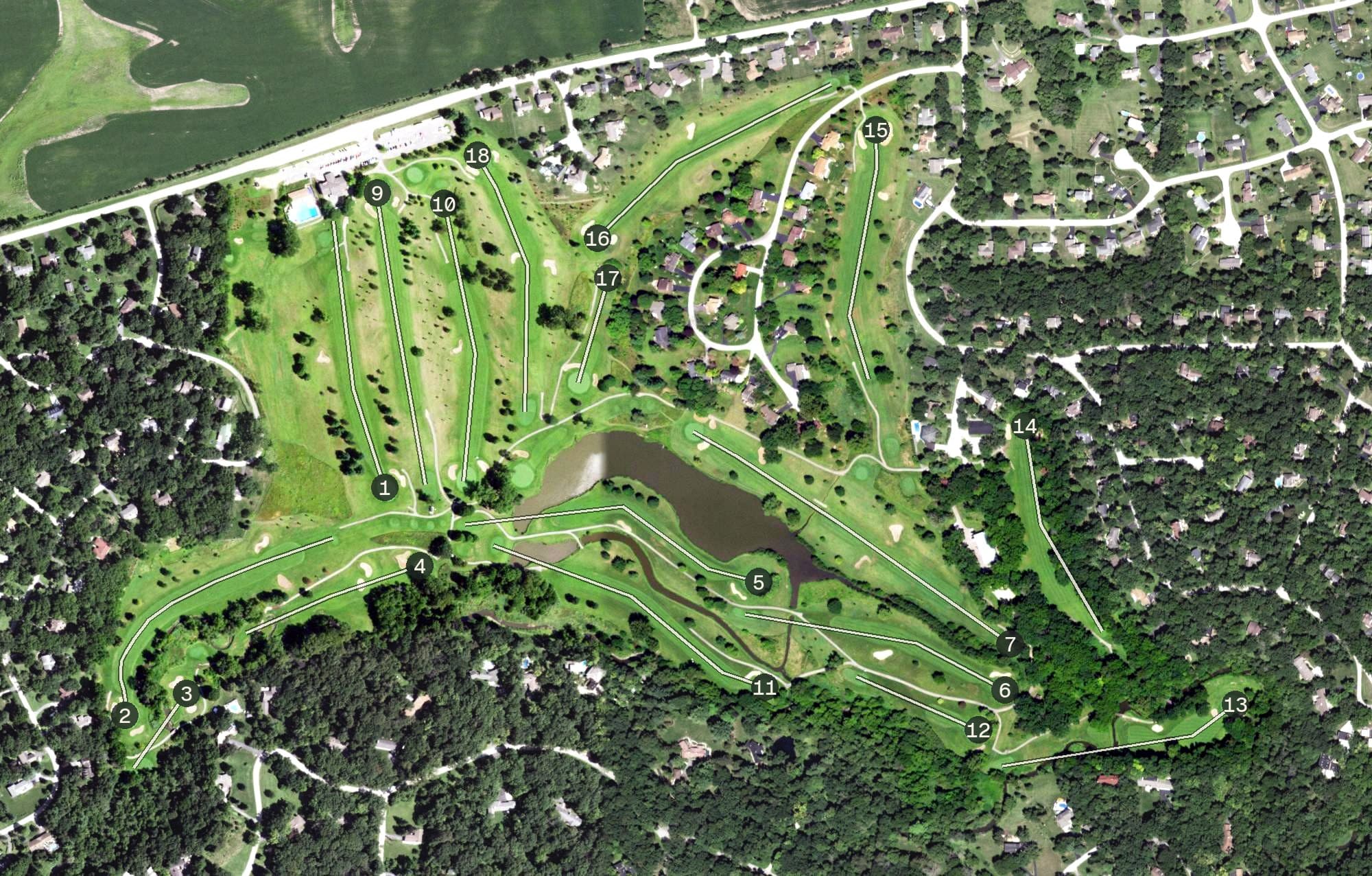 Aerial view of The Ledges, IL, with its hole routing marked