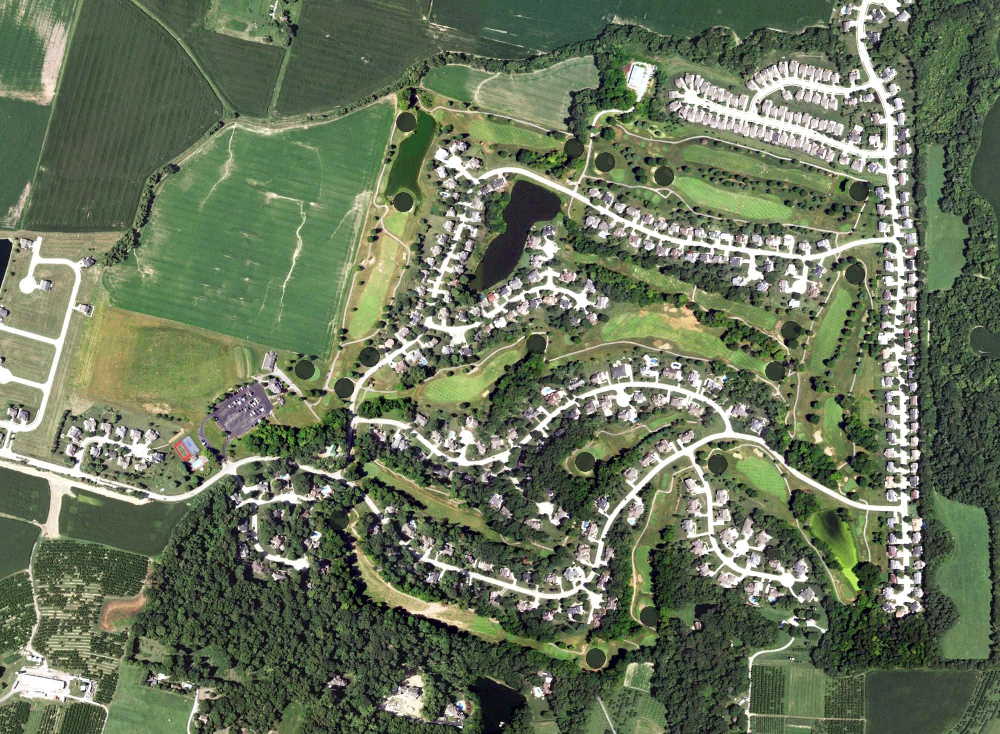 Aerial view of The Orchards Golf Course, IL, with its hole routing marked