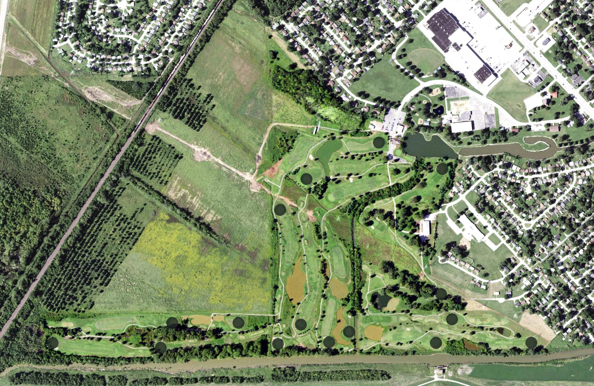 Aerial view of The Prairies Golf Course, IL, with its hole routing marked