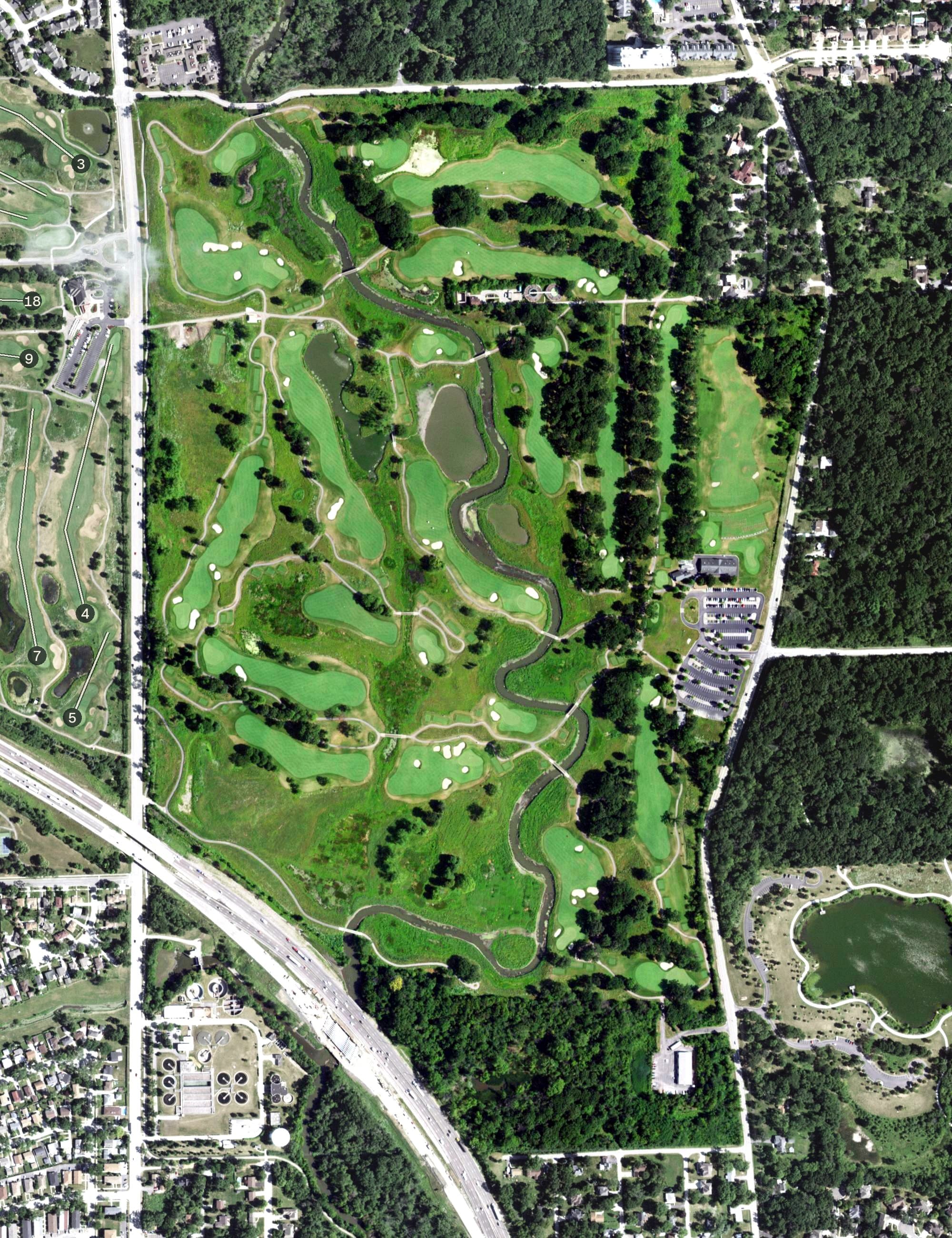 Aerial view of The Preserve at Oak Meadows, IL, with its hole routing marked