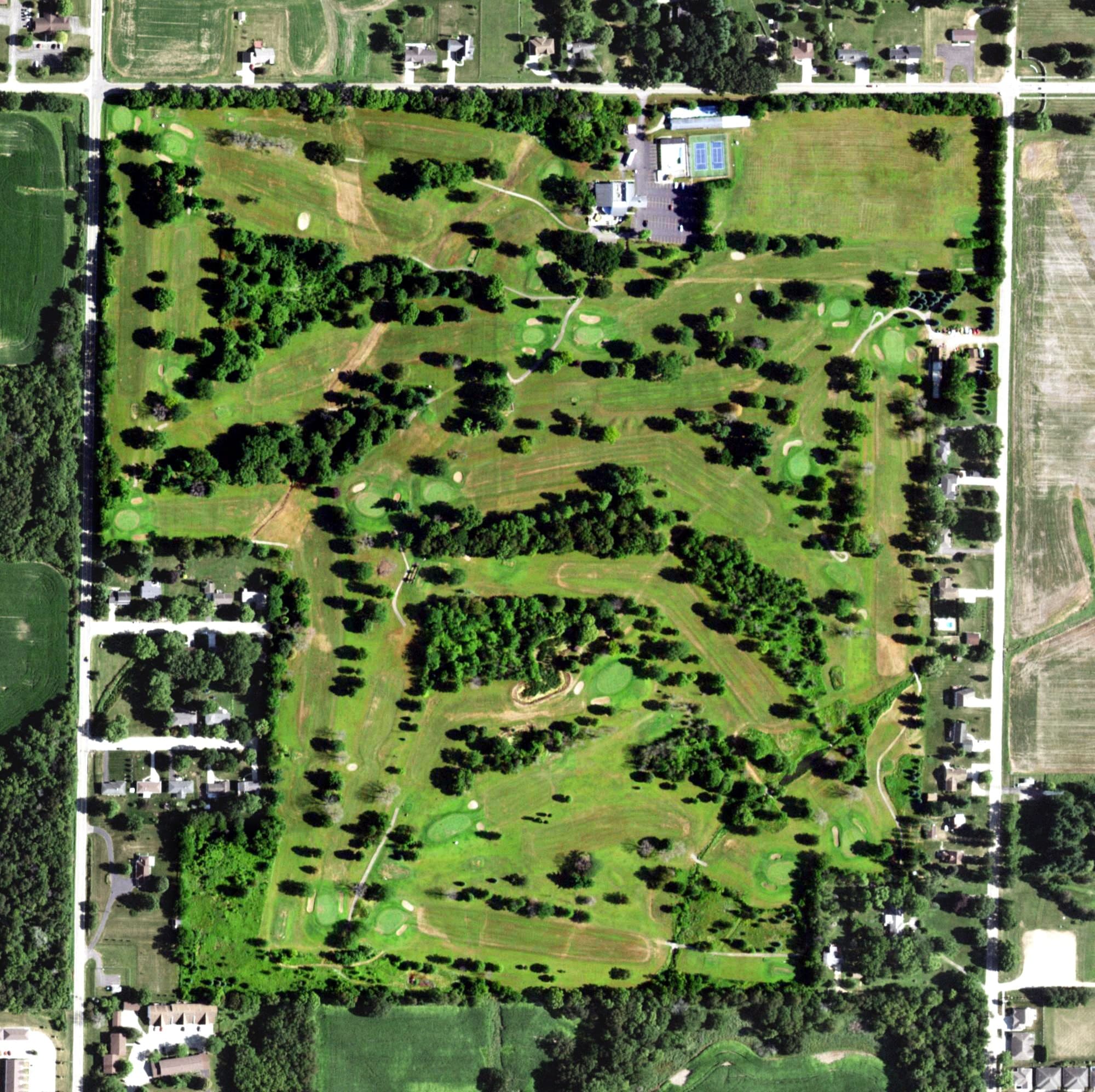Aerial view of Timber Creek Golf, IL, with its hole routing marked