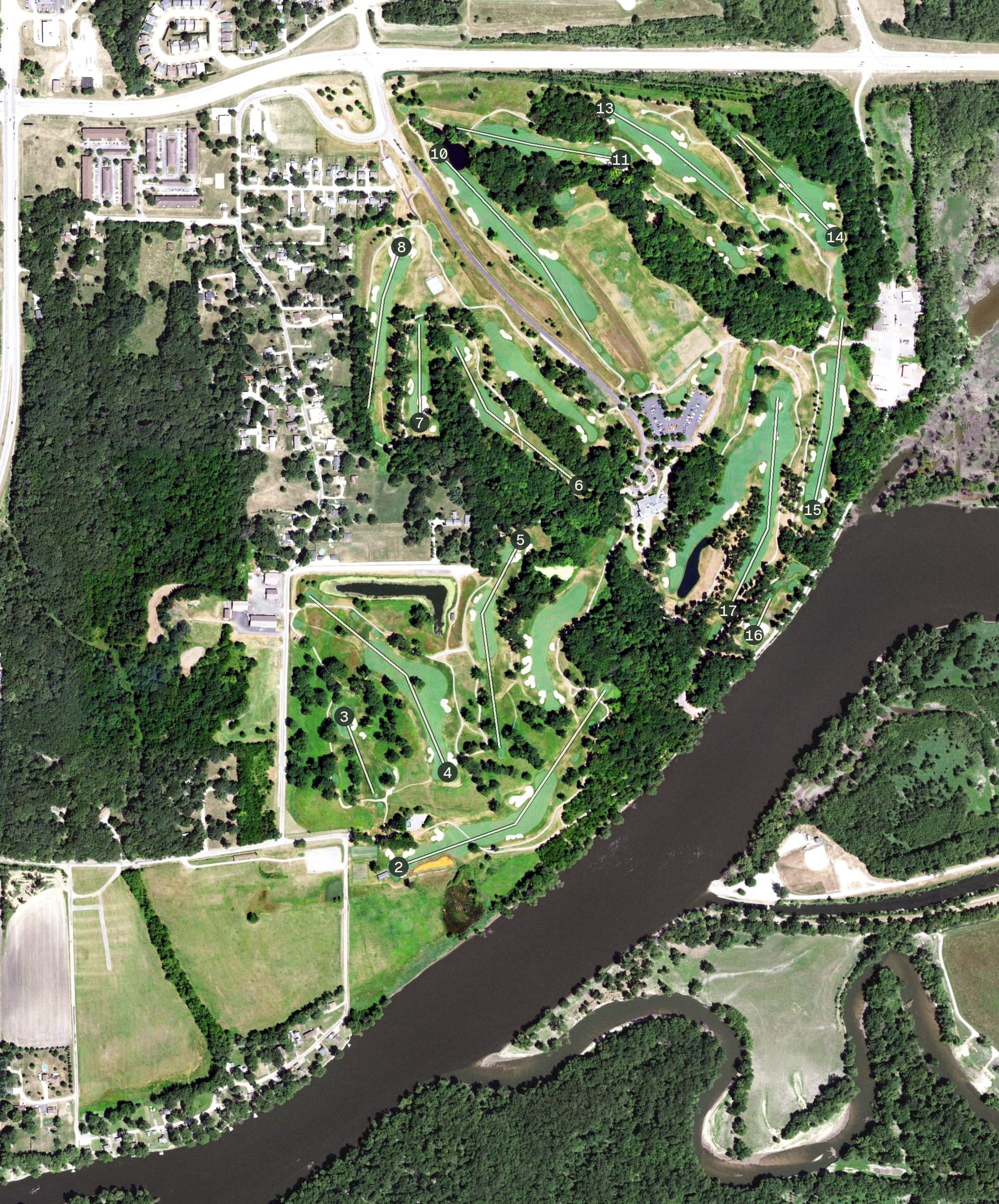 Aerial view of TPC Deere Run, IL, with its hole routing marked