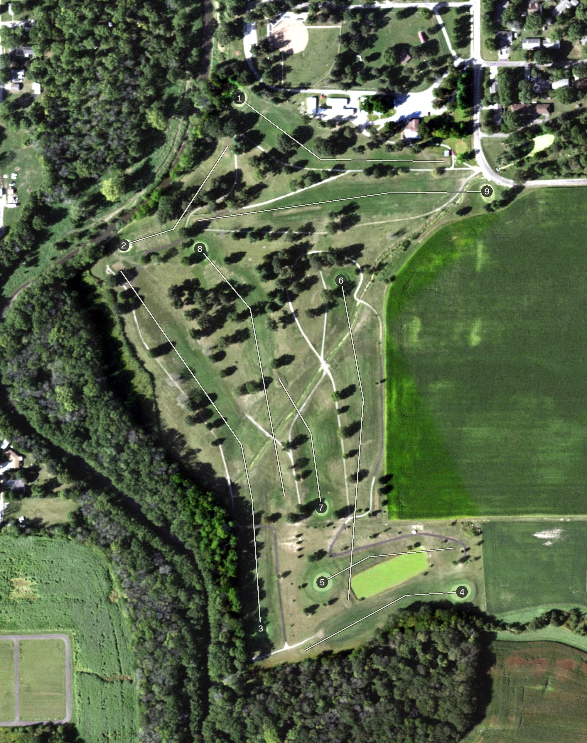 Aerial view of Tri-City Country Club, IL, with its hole routing marked