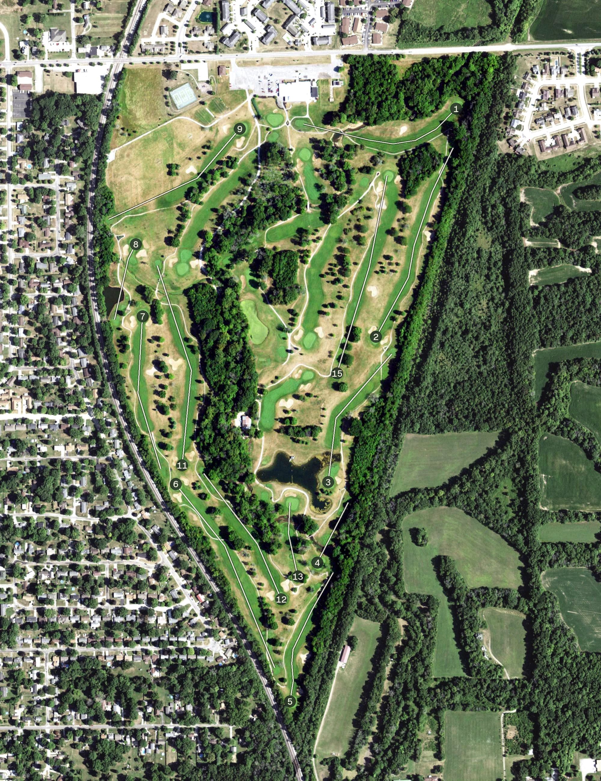Aerial view of Turtle Run Golf Course, IL, with its hole routing marked