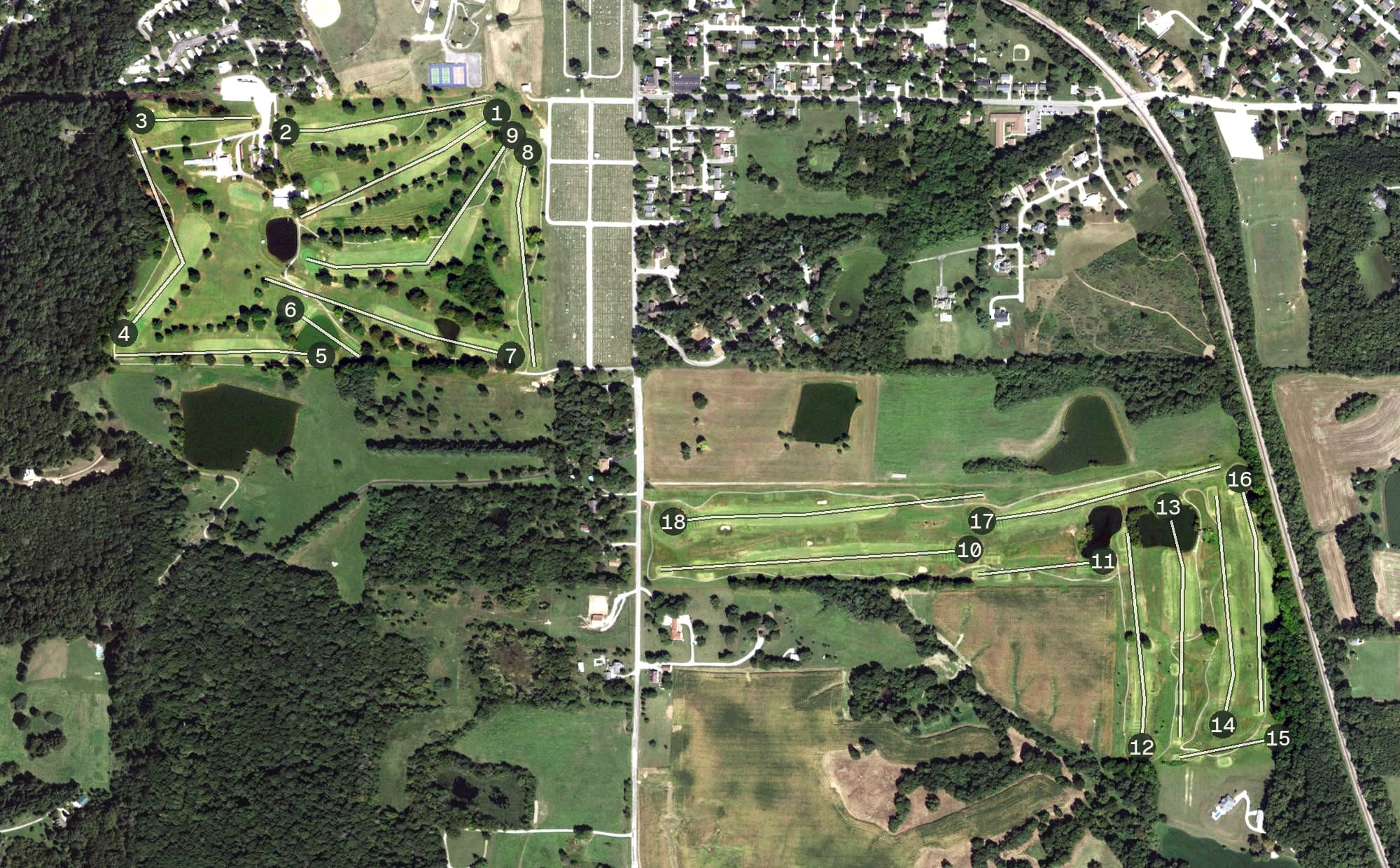 Aerial view of Union County Country Club, IL, with its hole routing marked