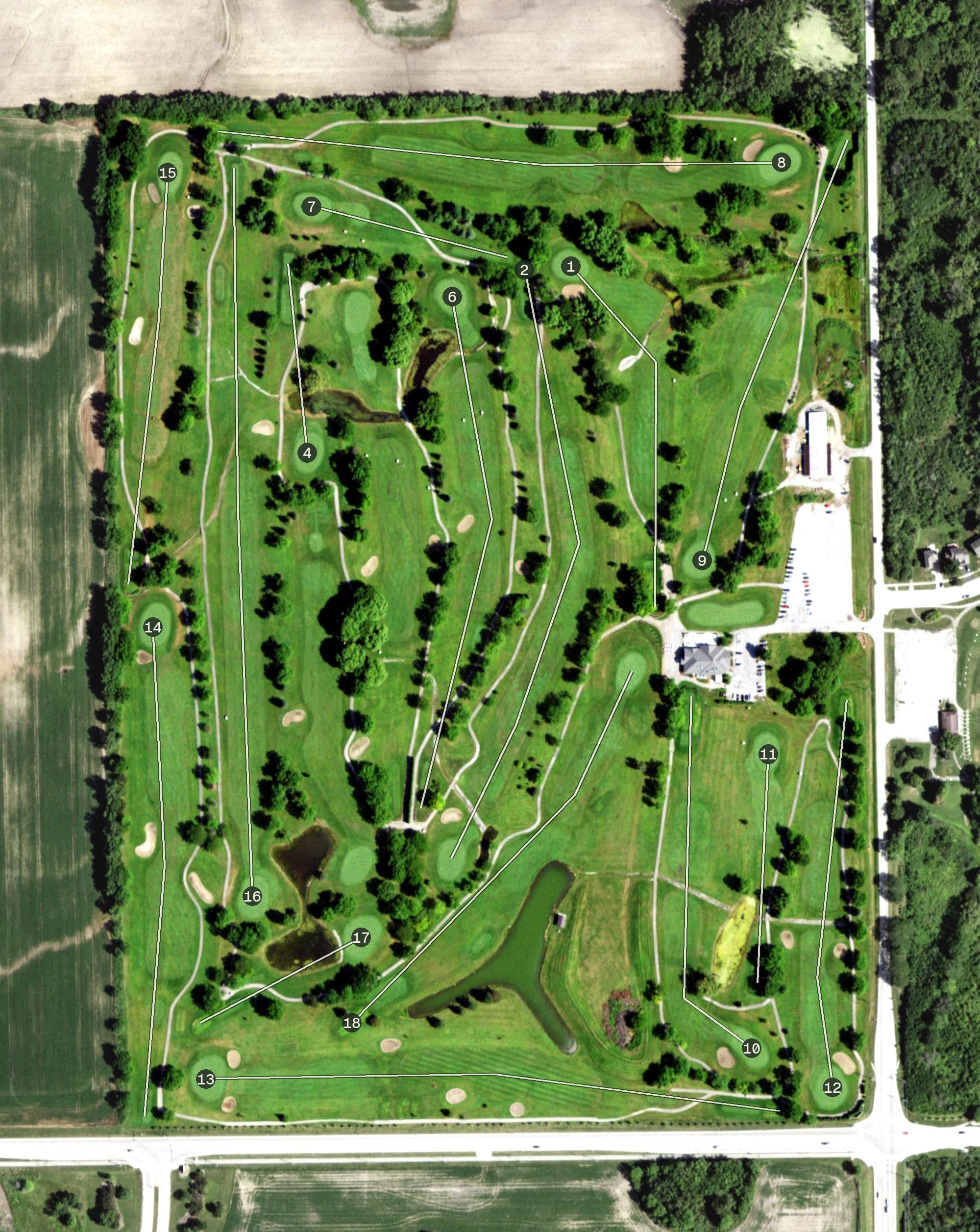 Aerial view of University Golf Club, IL, with its hole routing marked