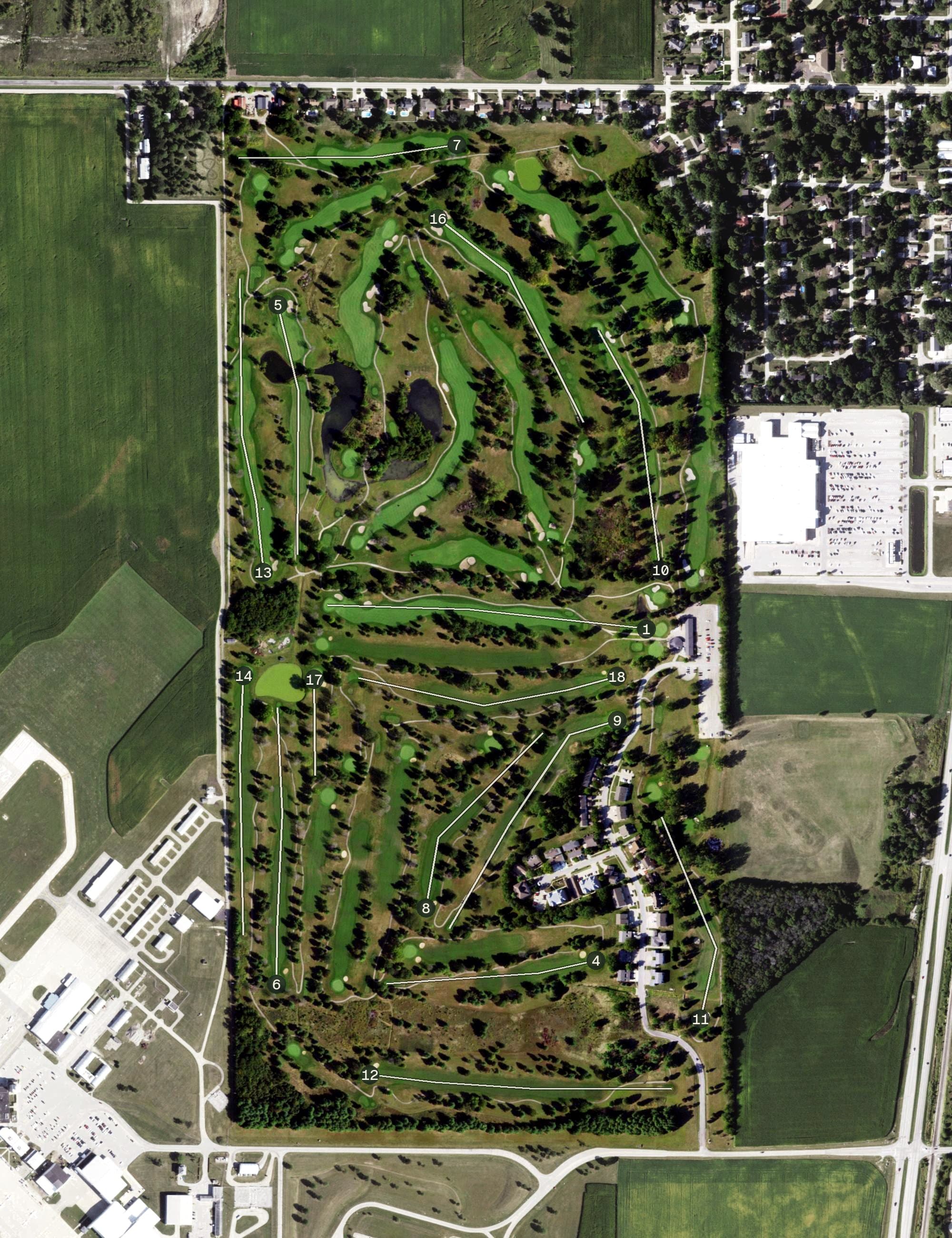 Aerial view of University of Illinois Golf Course, IL, with its hole routing marked