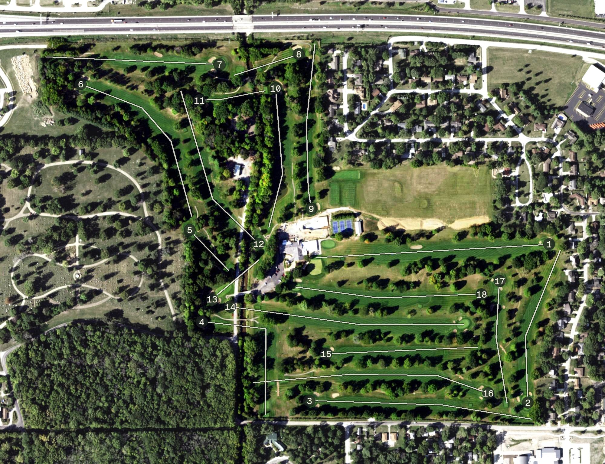 Aerial view of Urbana Country Club, IL, with its hole routing marked