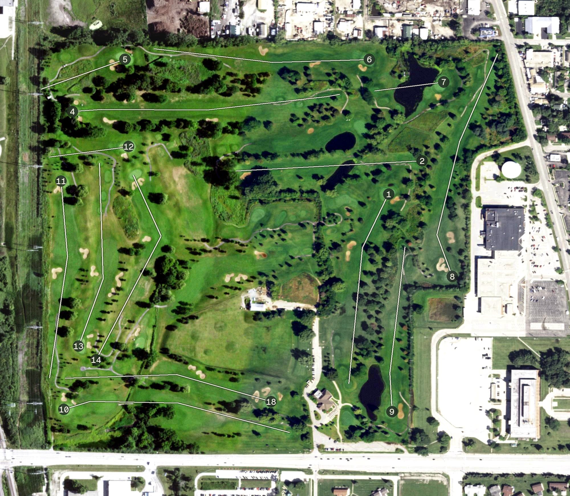 Aerial view of Veterans Memorial Golf Course, IL, with its hole routing marked