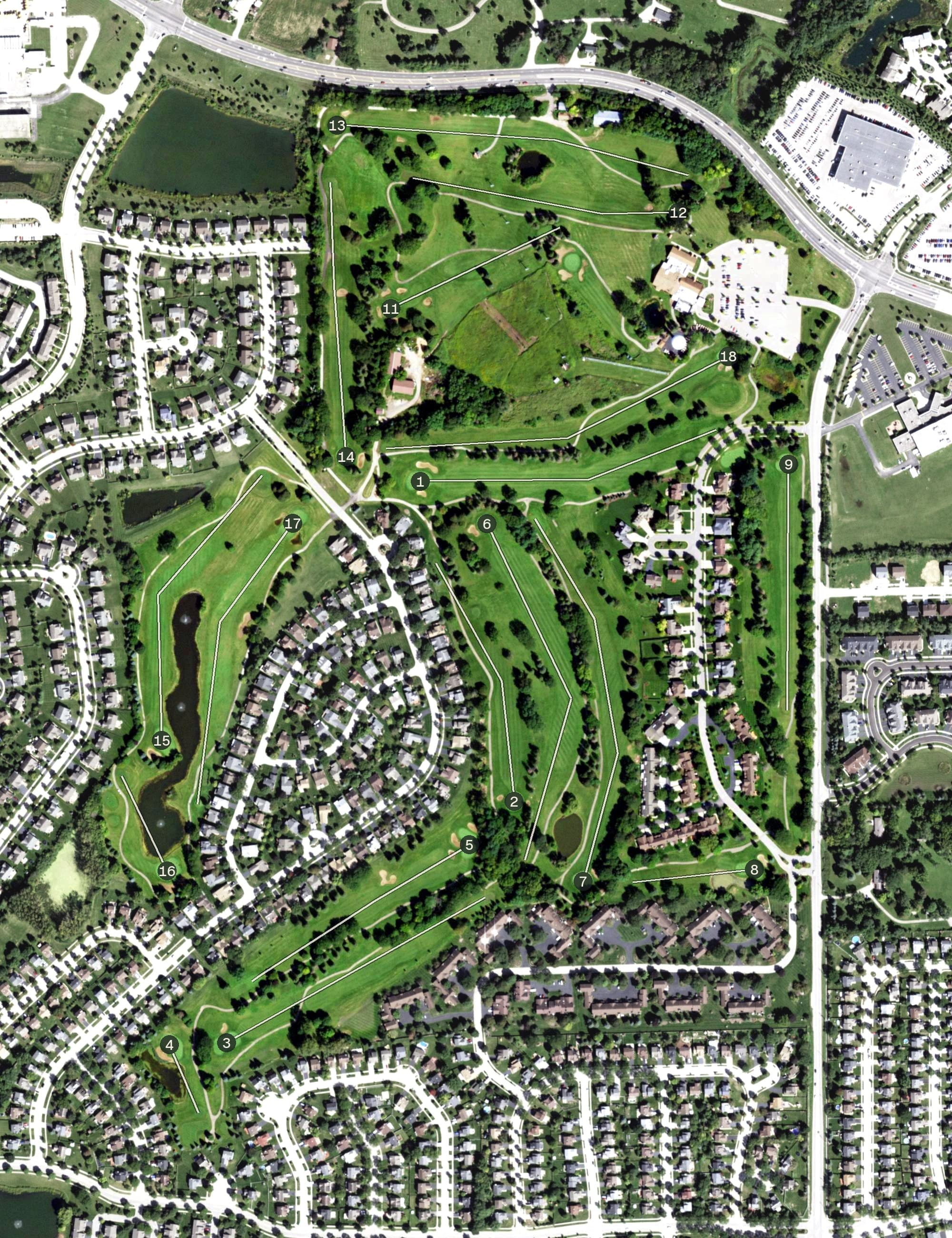 Aerial view of Villa Olivia Country Club, IL, with its hole routing marked