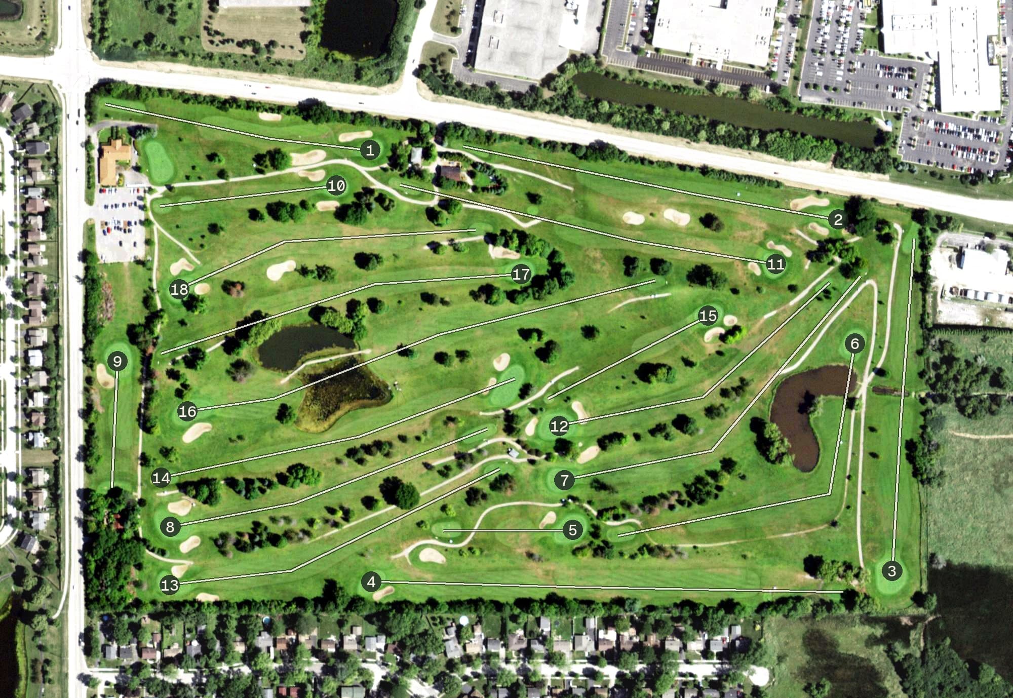 Aerial view of Village Green Country Club, IL, with its hole routing marked