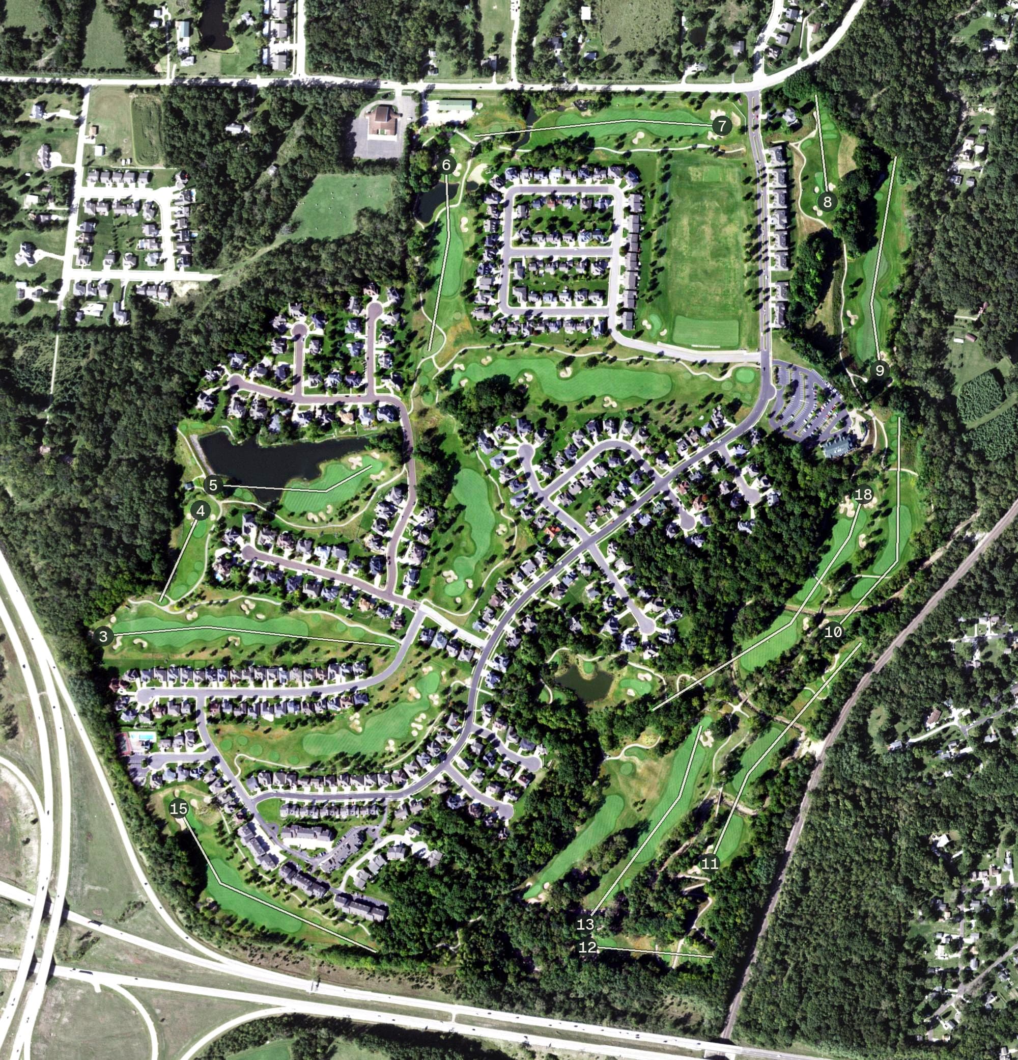 Aerial view of WeaverRidge Golf Club, IL, with its hole routing marked