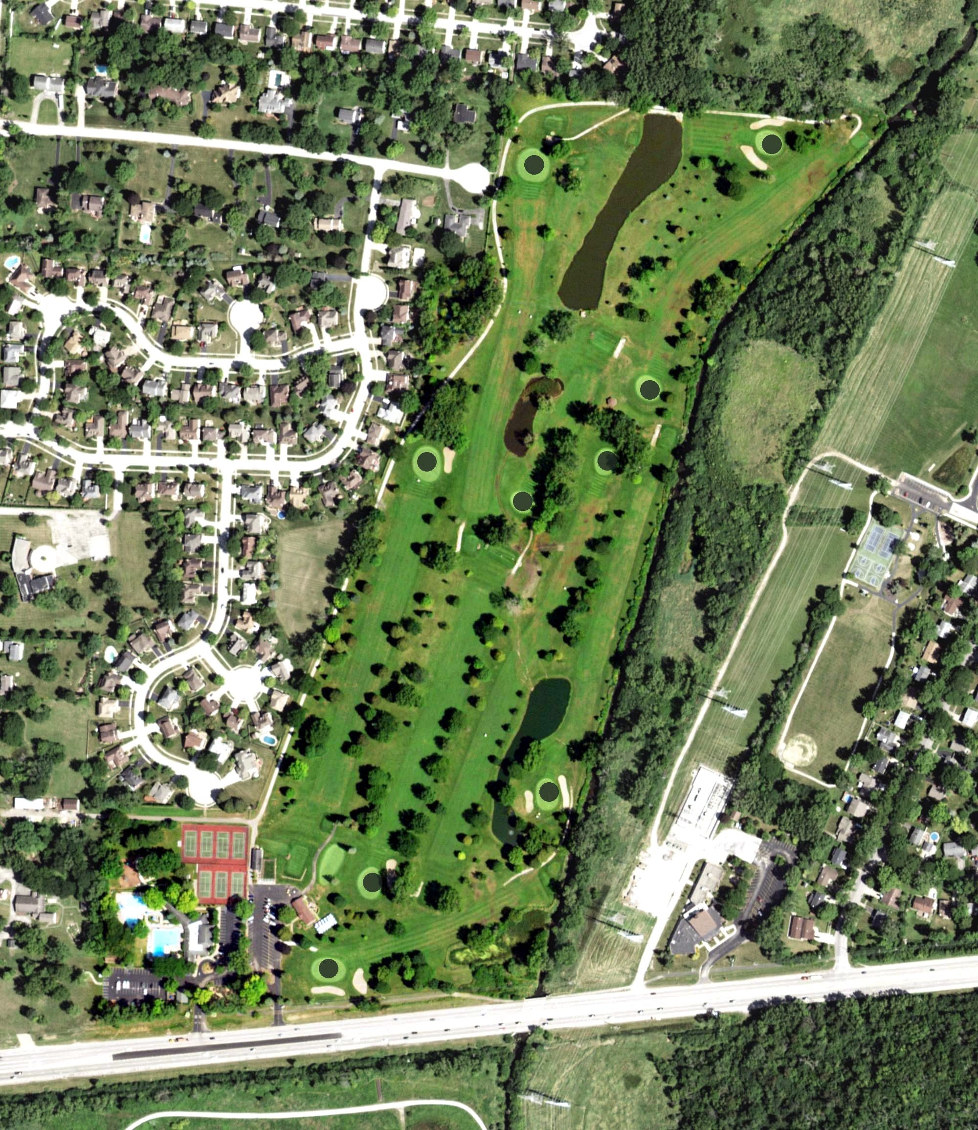 Aerial view of Western Acres Golf Course, IL, with its hole routing marked