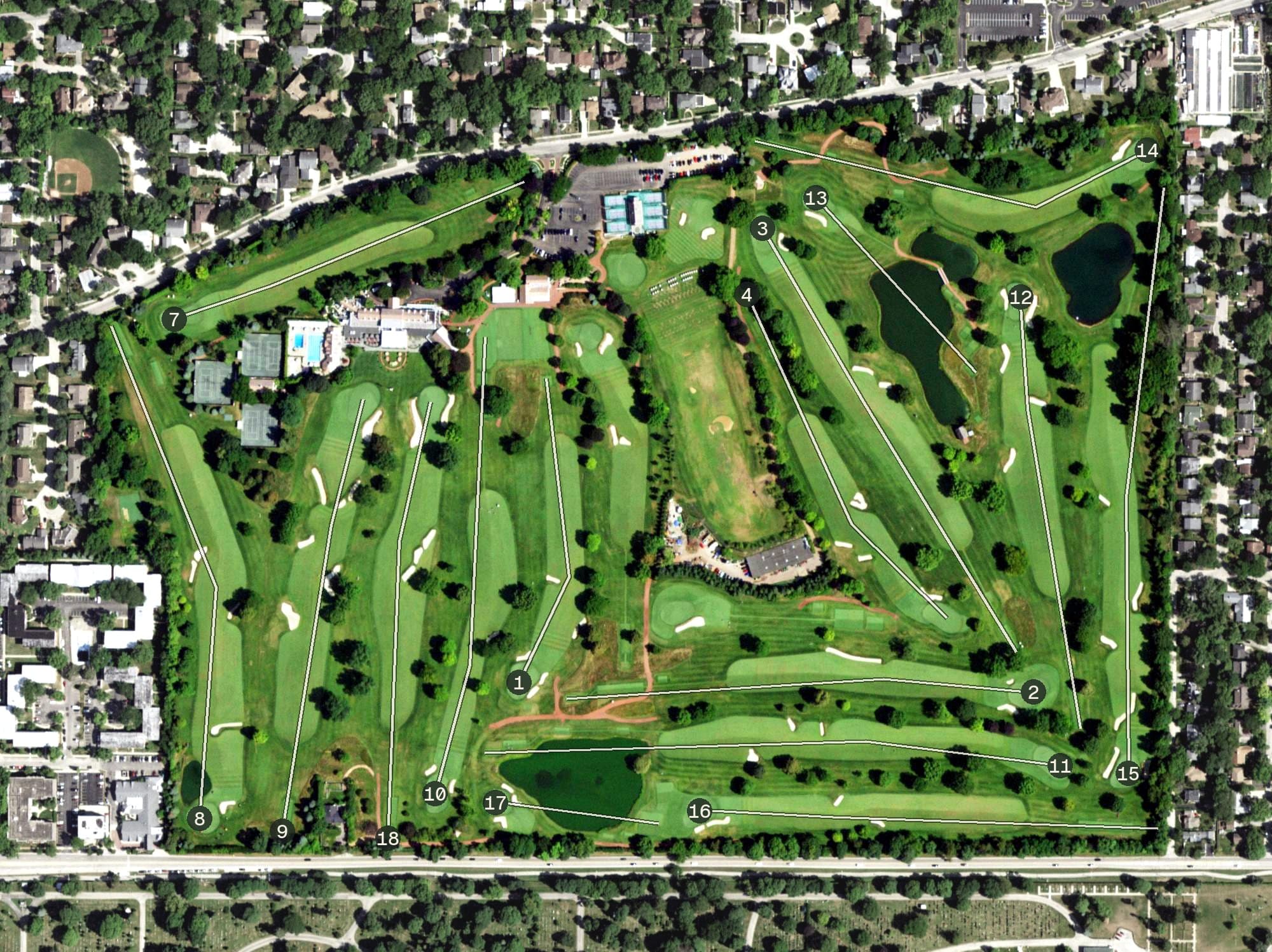 Aerial view of Westmoreland Country Club, IL, with its hole routing marked