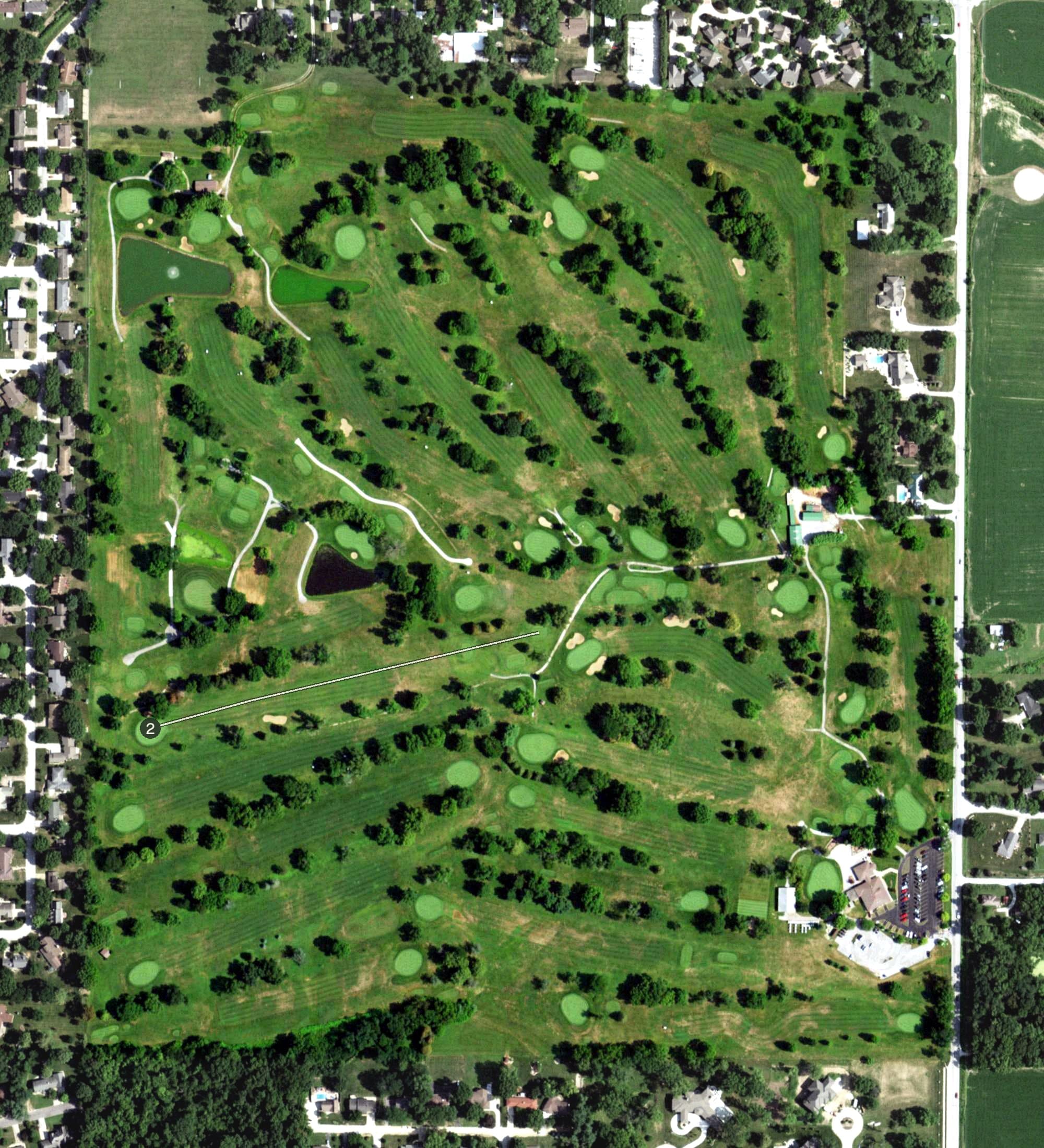 Aerial view of Westview Golf Course, IL, with its hole routing marked