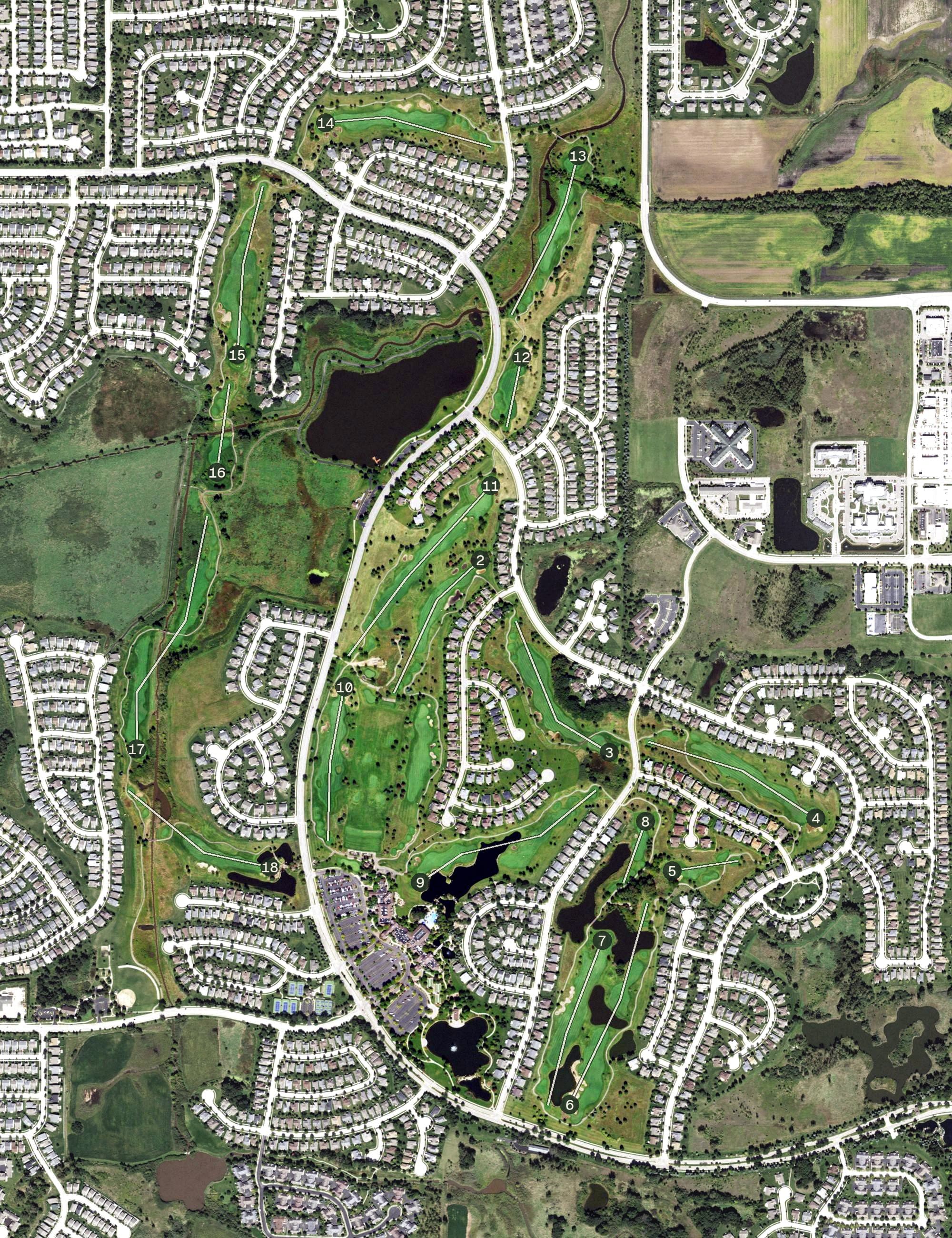 Aerial view of Whisper Creek Country Club, IL, with its hole routing marked