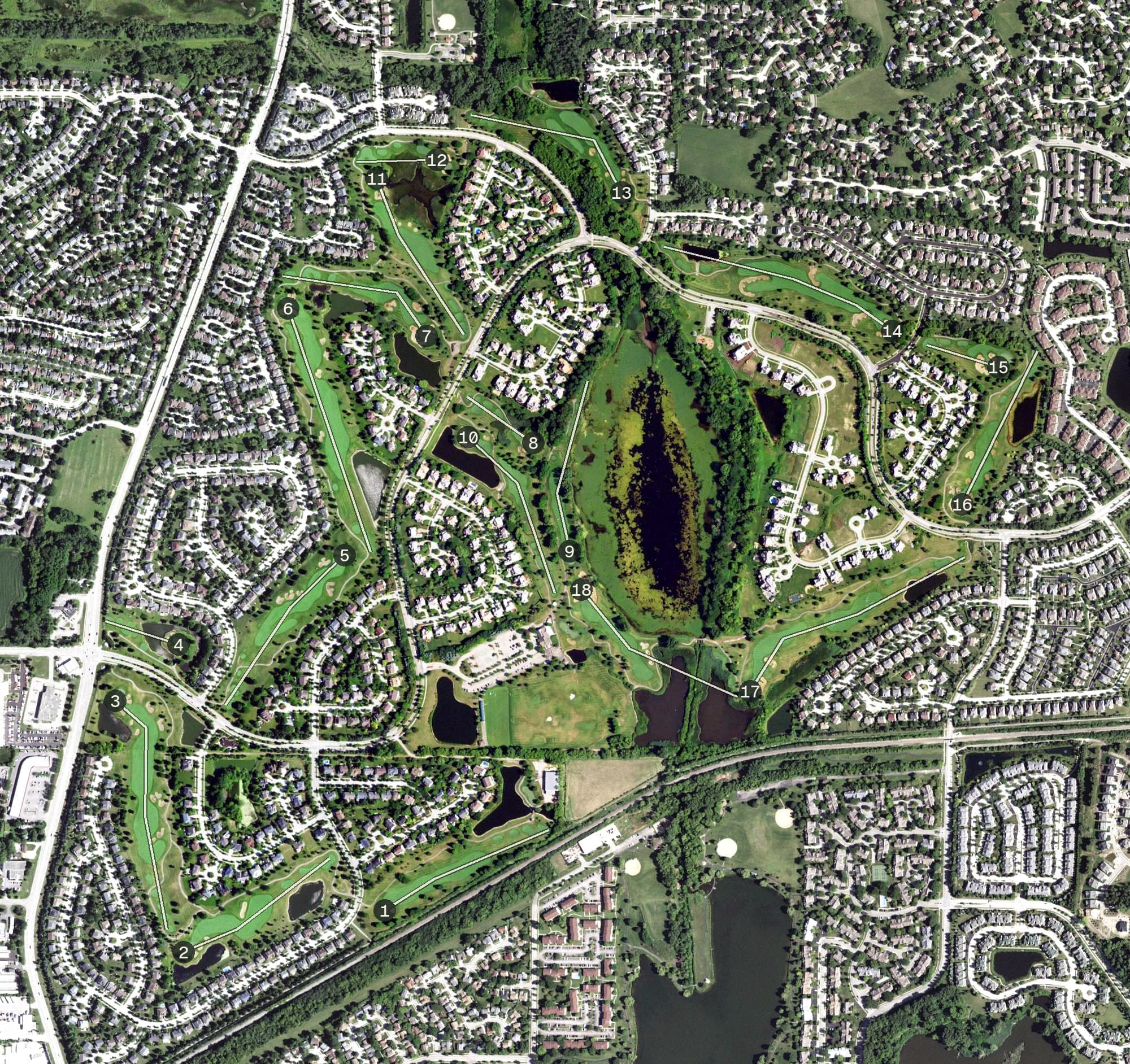Aerial view of White Deer Run Golf Club, IL, with its hole routing marked