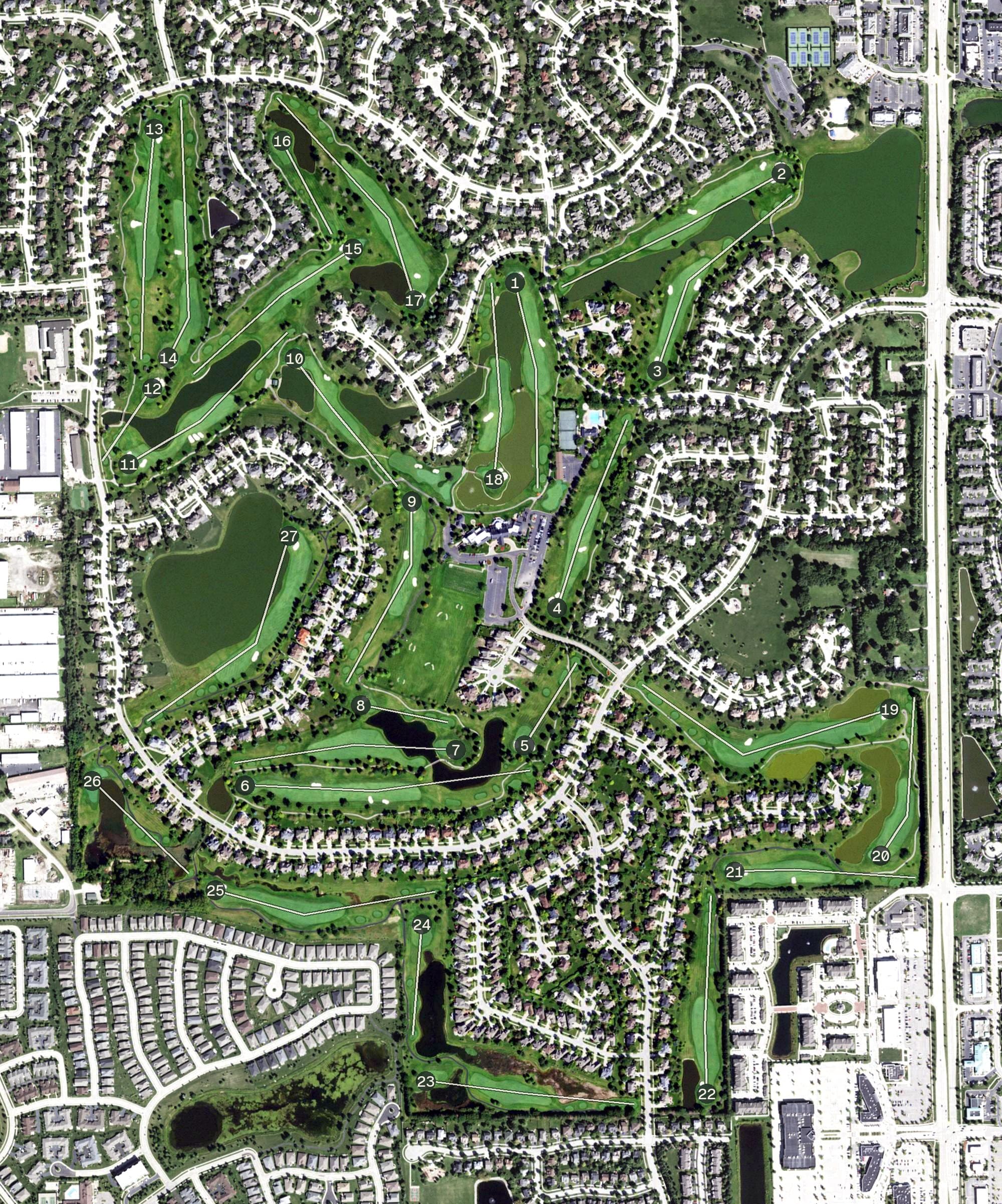 Aerial view of White Eagle Golf Club, IL, with its hole routing marked