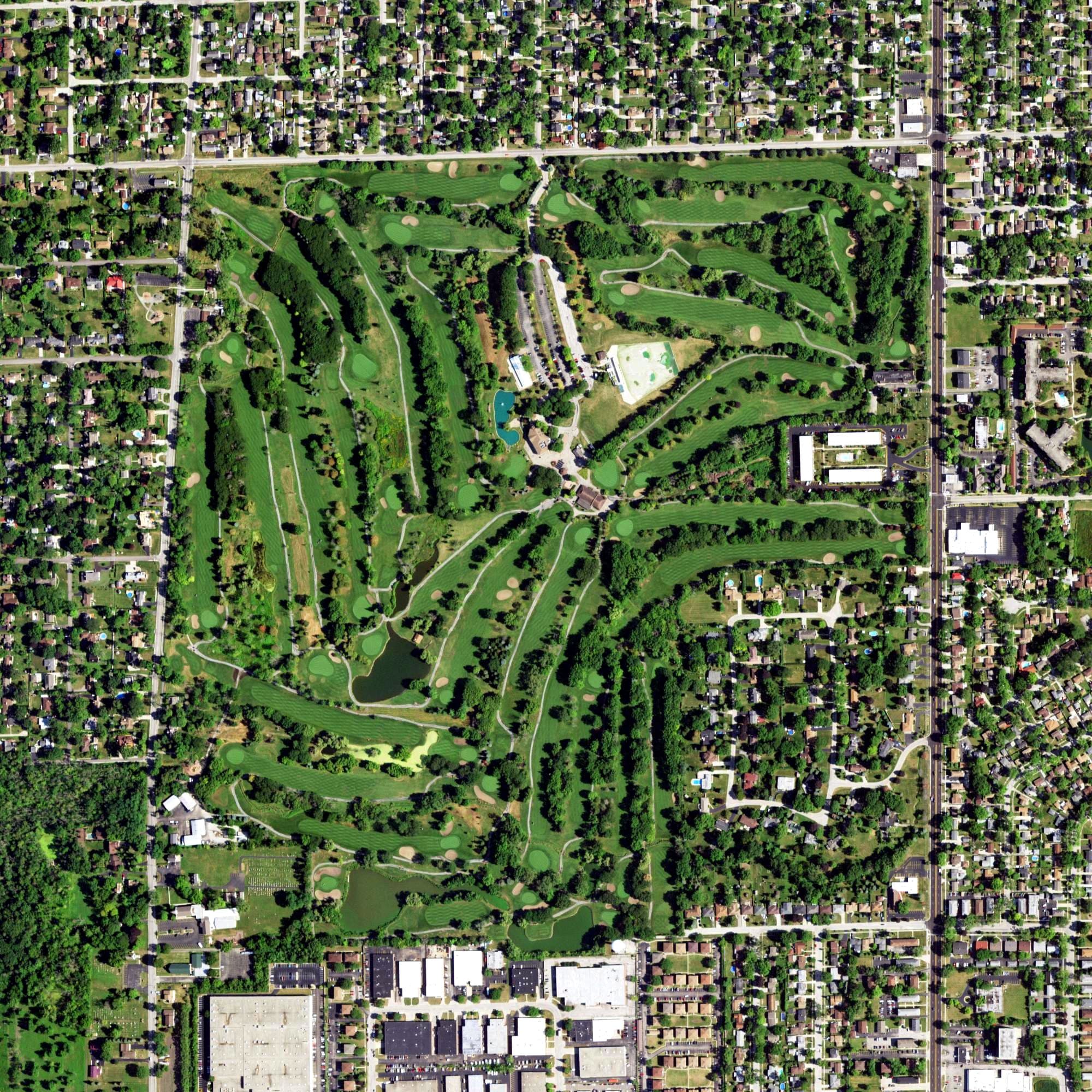 Aerial view of White Pines Golf Club, IL, with its hole routing marked