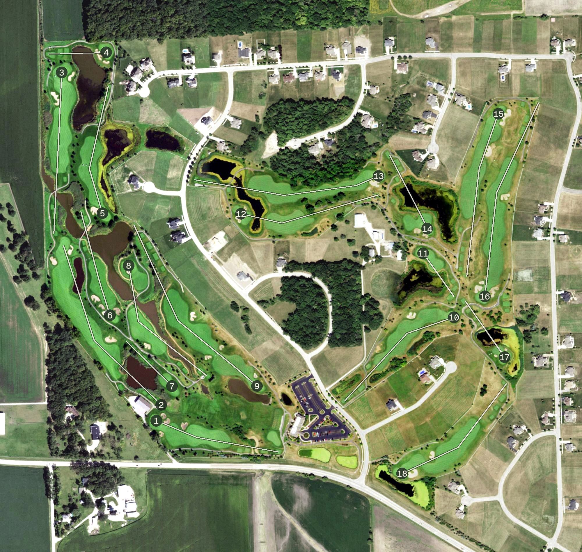Aerial view of Whitetail Ridge Golf Course, IL, with its hole routing marked