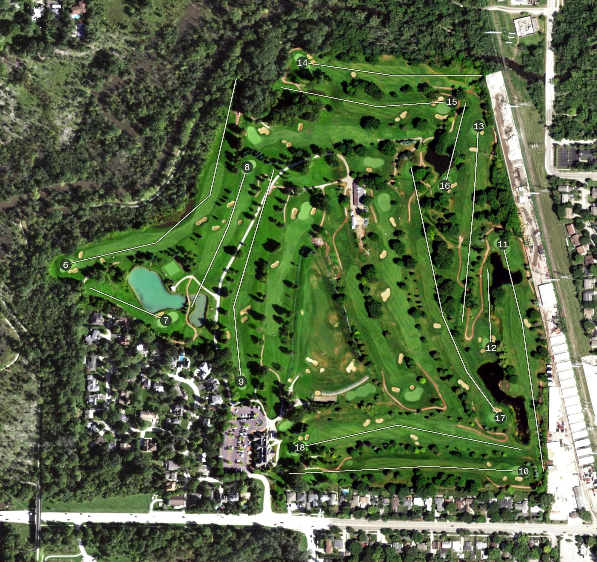 Aerial view of Wilmette Golf Club, IL, with its hole routing marked