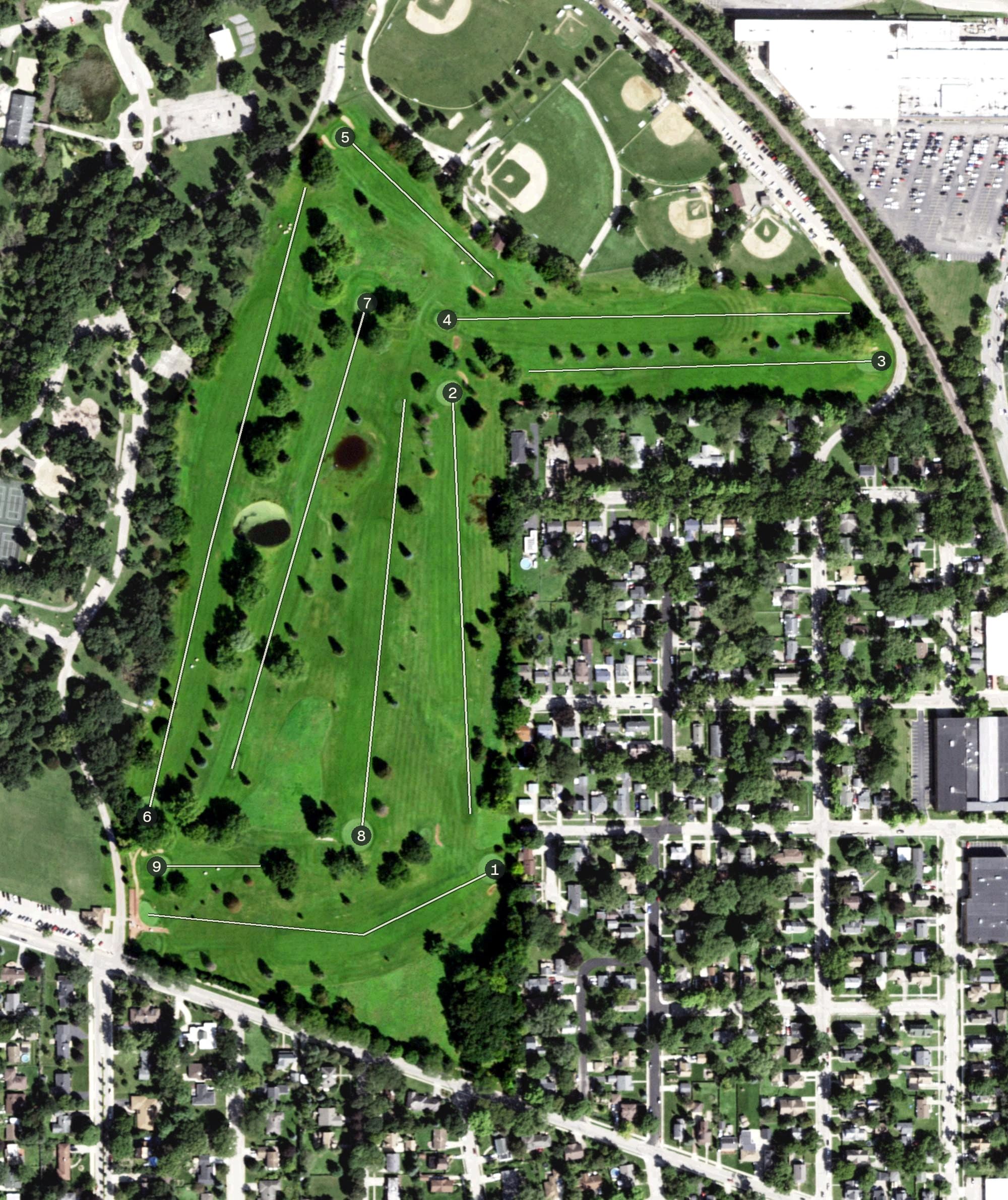 Aerial view of Wing Park Golf Course, IL, with its hole routing marked